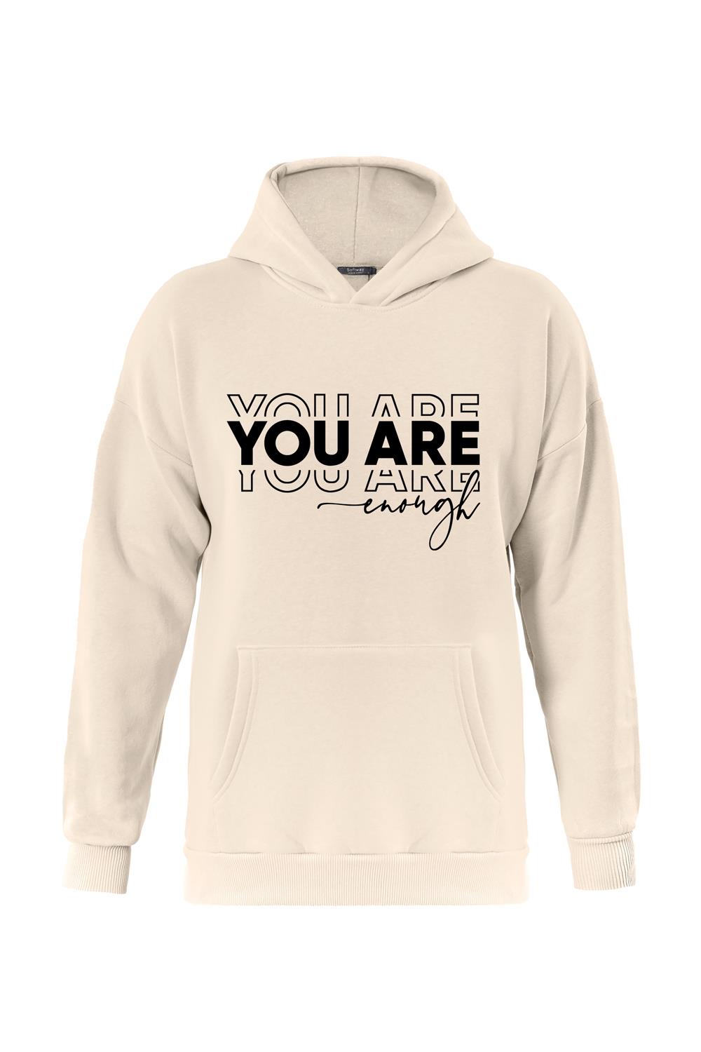 Unisex You Are Baskılı Kapüşonlu İçi Yumuşak Polarlı Oversize Sweatshirt - BEJ