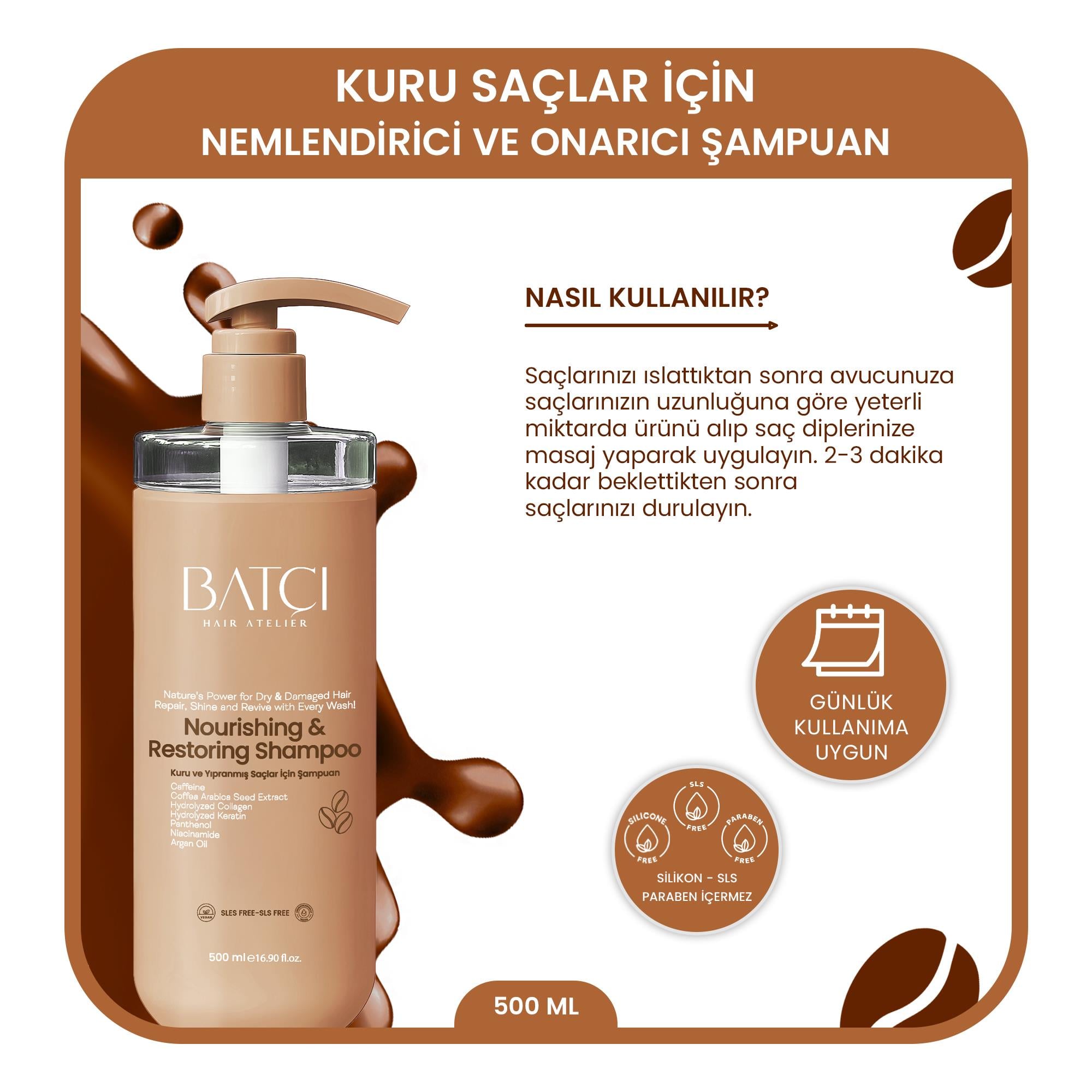 Kahve Özlü Kuru ve Yıpranmış Saçlar için Nourishing & Restoring Şampuan Keratin, Kolajen  İçerikli Şampuan – 500 ML