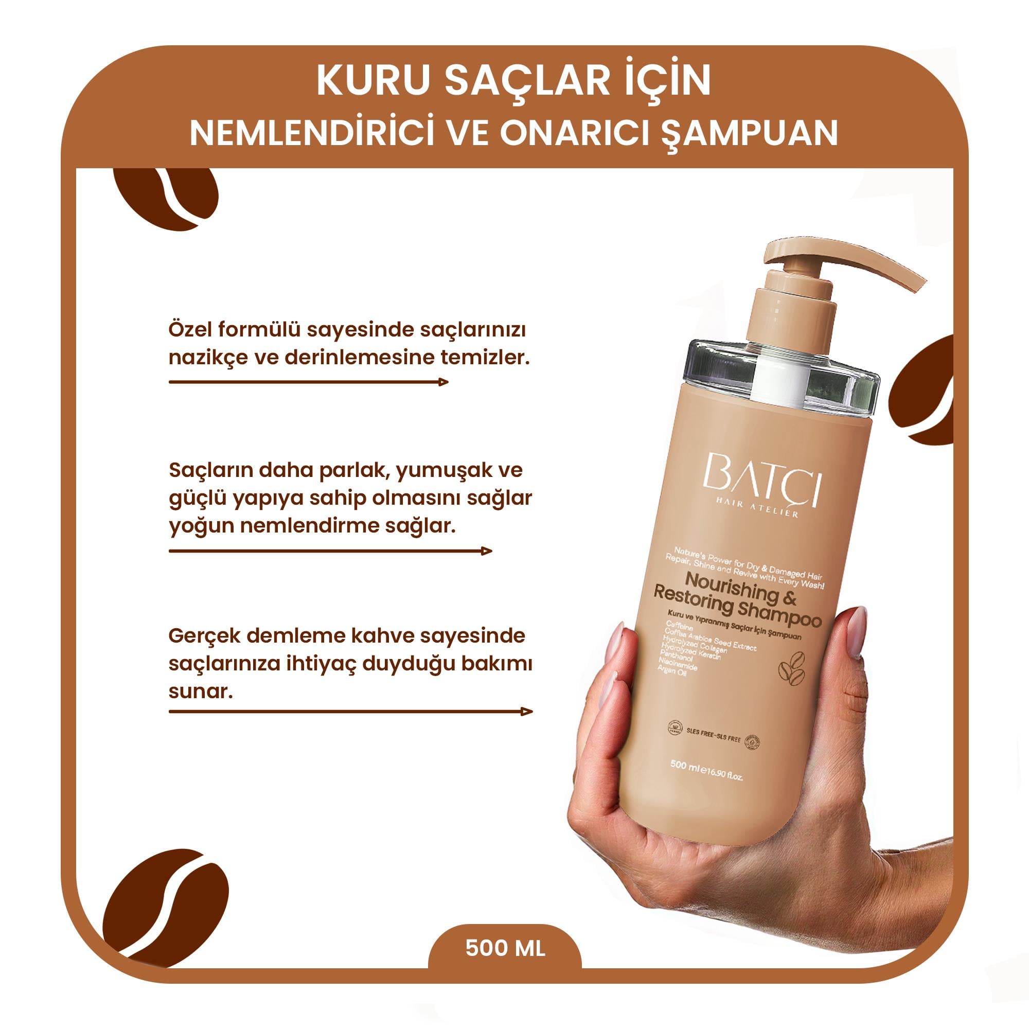 Kahve Özlü Kuru ve Yıpranmış Saçlar için Nourishing & Restoring Şampuan Keratin, Kolajen  İçerikli Şampuan – 500 ML