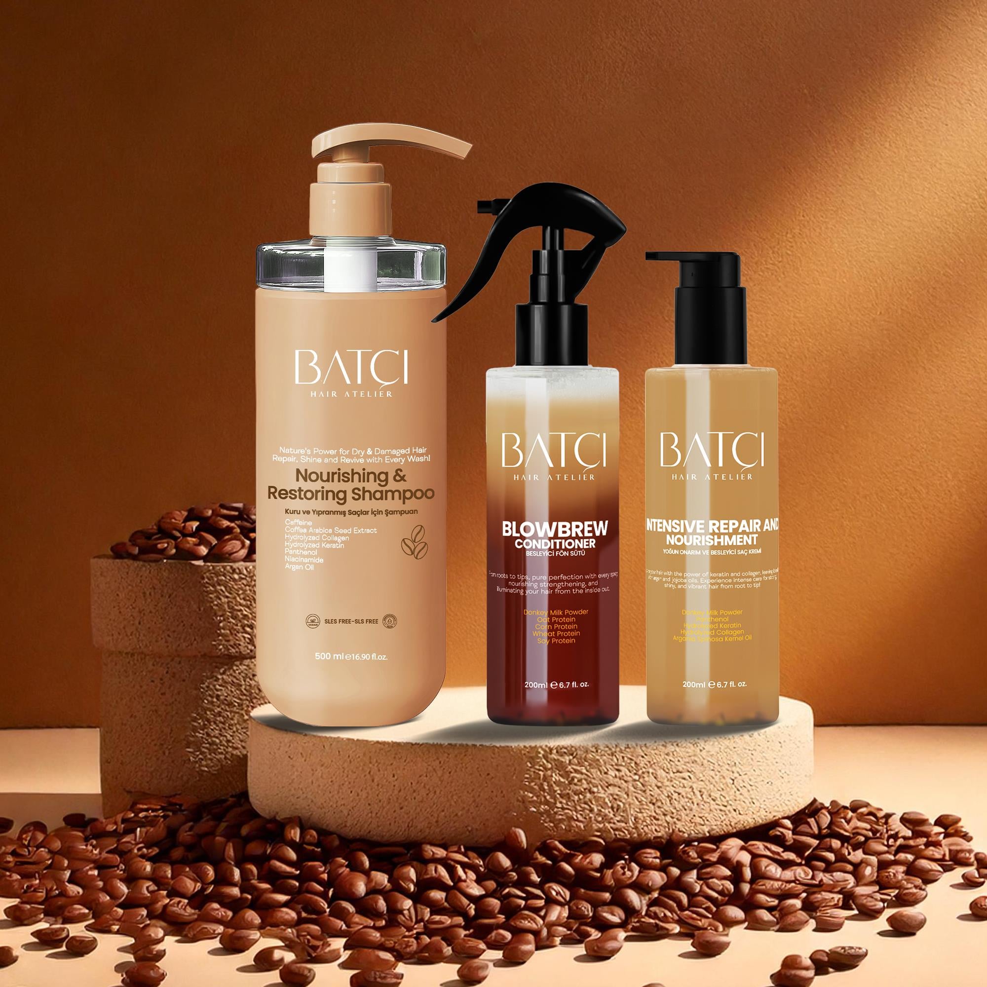 Kahve Serisi Kuru ve Yıpranmış Saçlar için Şampuan Kuru ve Elektriklenme Önleyici Saç Bakım Kremi Besleyici ve Önleyici Saç Bakım Fön Sütü Spreyi Avantajlı Seti