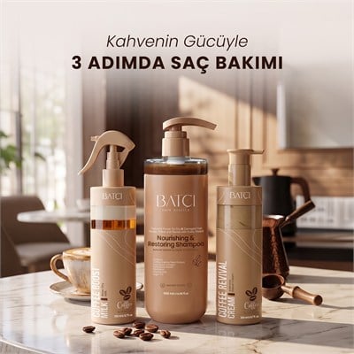 Kahve Serisi Kuru ve Yıpranmış Saçlar için Şampuan Kuru ve Elektriklenme Önleyici Saç Bakım Kremi Besleyici ve Önleyici Saç Bakım Fön Sütü Spreyi Avantajlı Seti