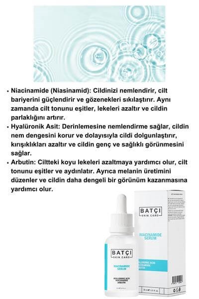 Nemlendirici ve Aydınlatıcı Hyalüronik Asit, Arbutin, Niacinamide Serumu - 30ml