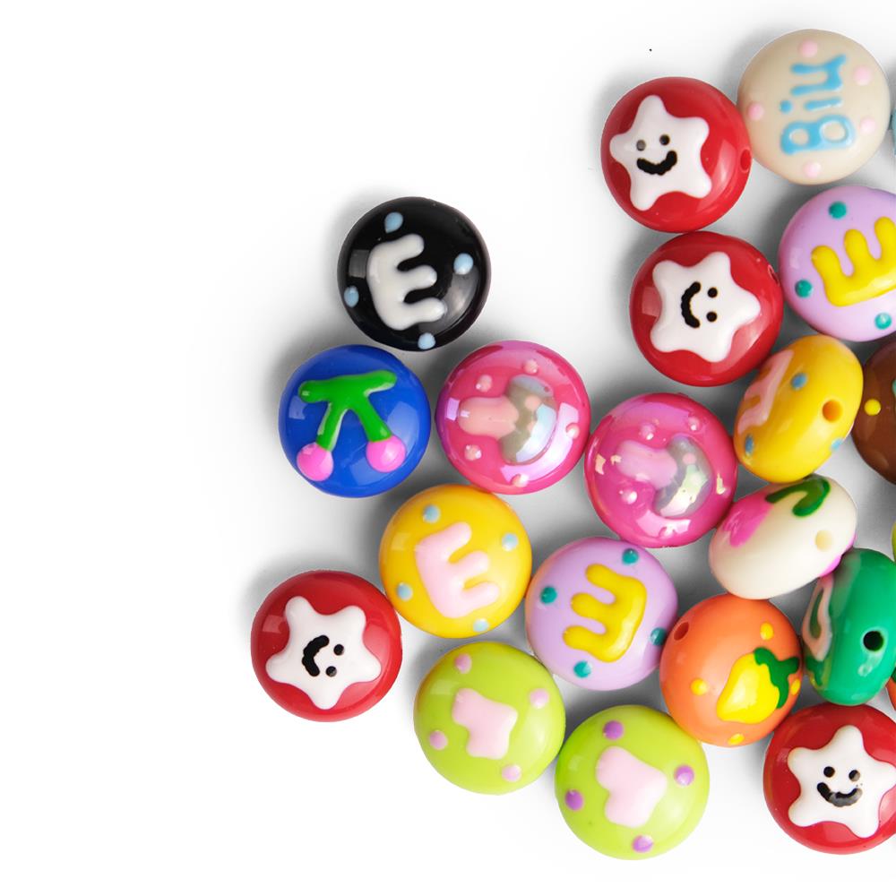 Yuvarlak Yassı Karışık Renkli Desenli Rengarenk  18 mm Plastik Boncuk 5 Adet