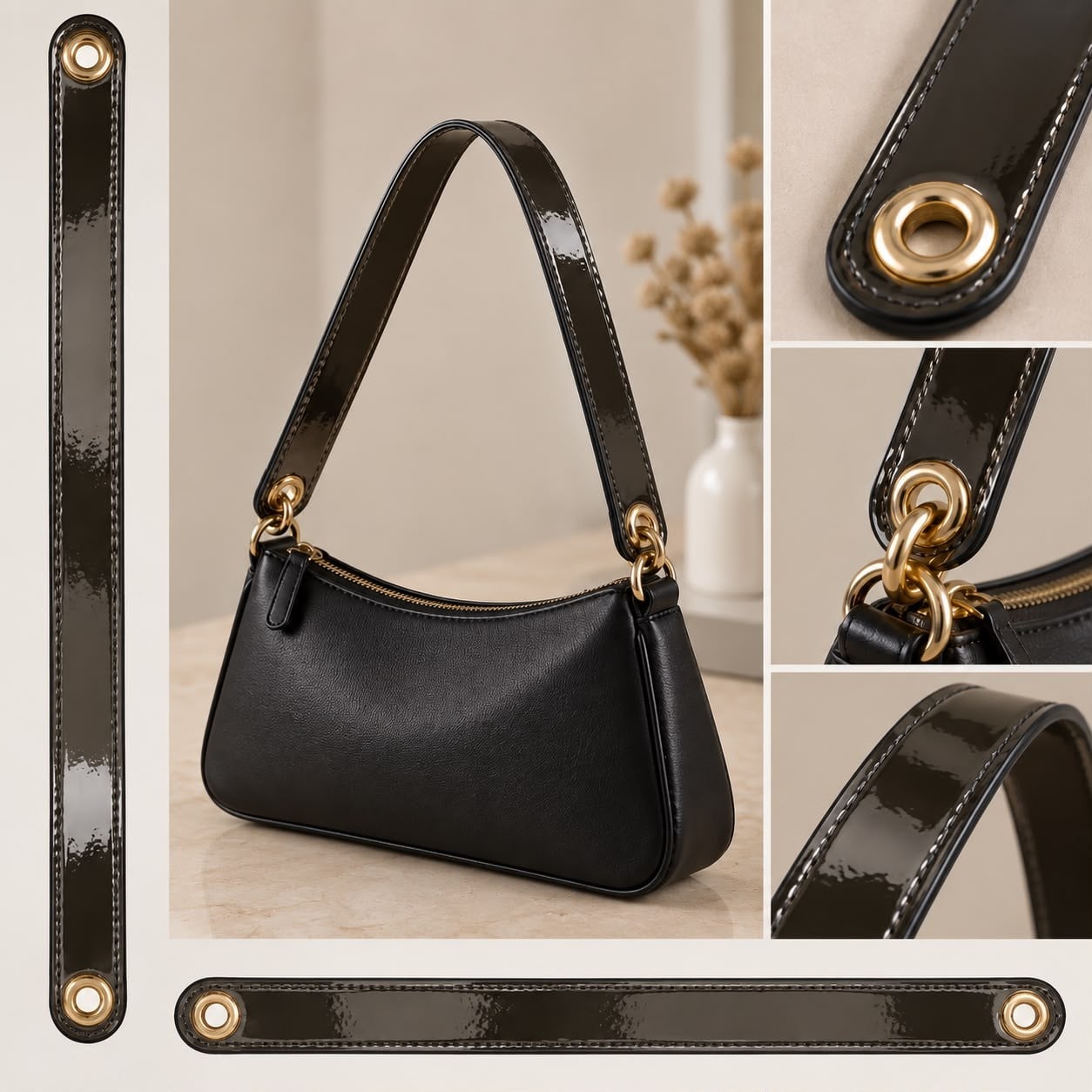 : Antrasit Parlak Rugan Deri Çanta Sapı – Gold Kuş Gözü Detaylı Çanta Askısı (2.5 cm x 58 cm)