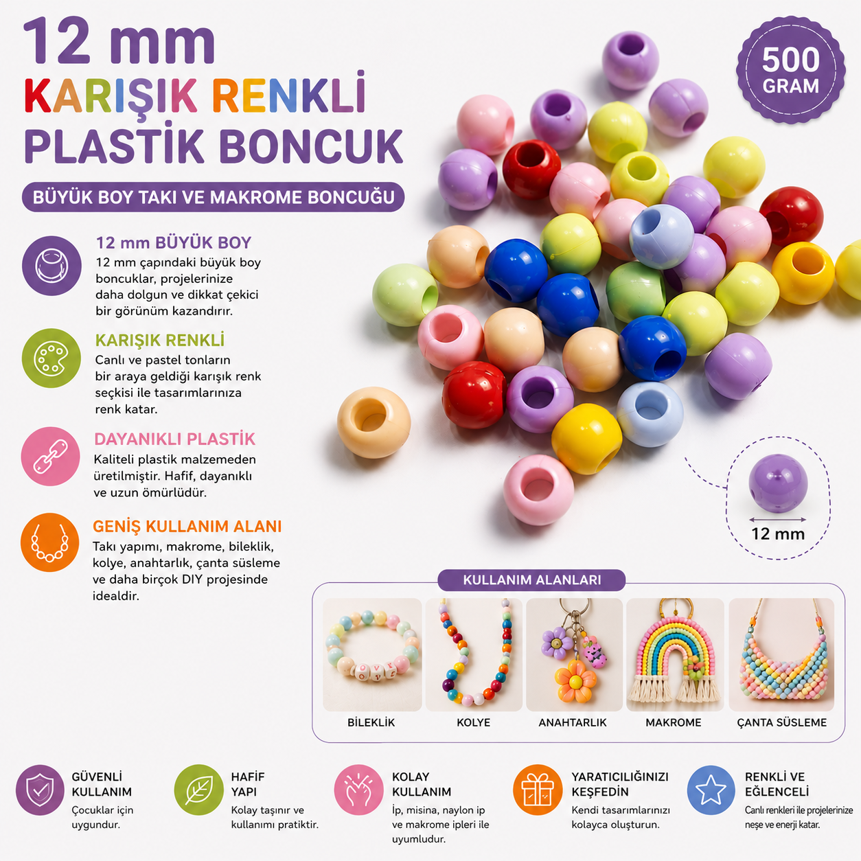 12 mm Karışık Renkli Plastik Boncuk Büyük Boy Takı ve Makrome Boncuğu 500 Gram