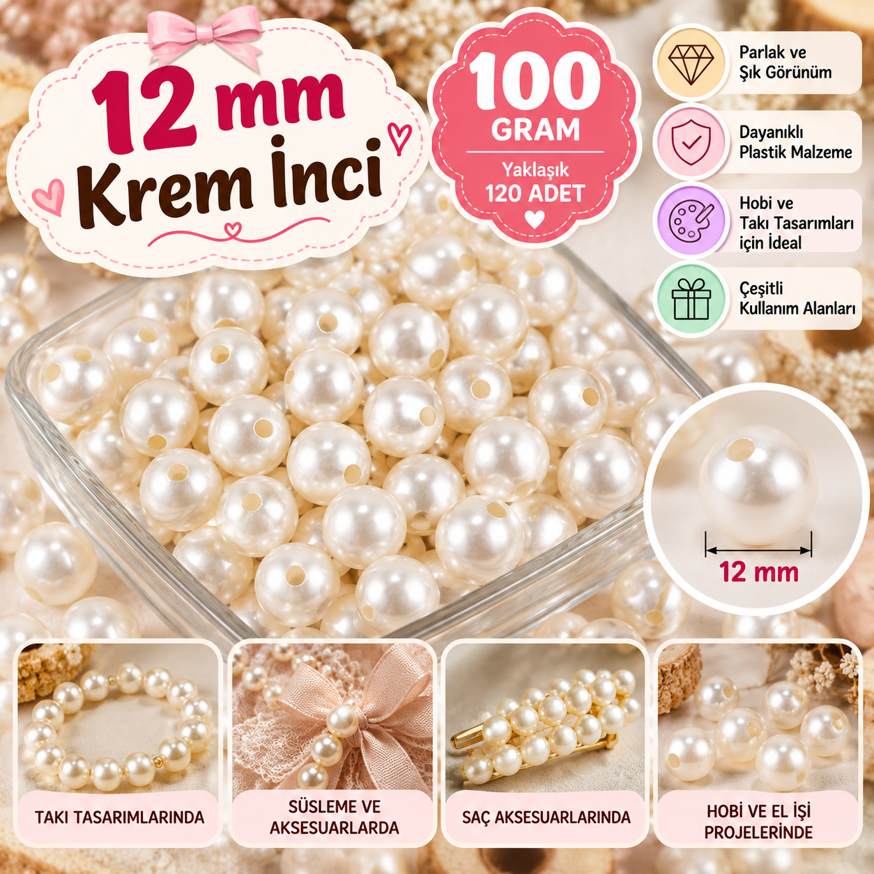12 mm Krem İnci Boncuk 100 Gram – Parlak Plastik Takı, Bileklik ve Kolye Yapım Boncuğu 