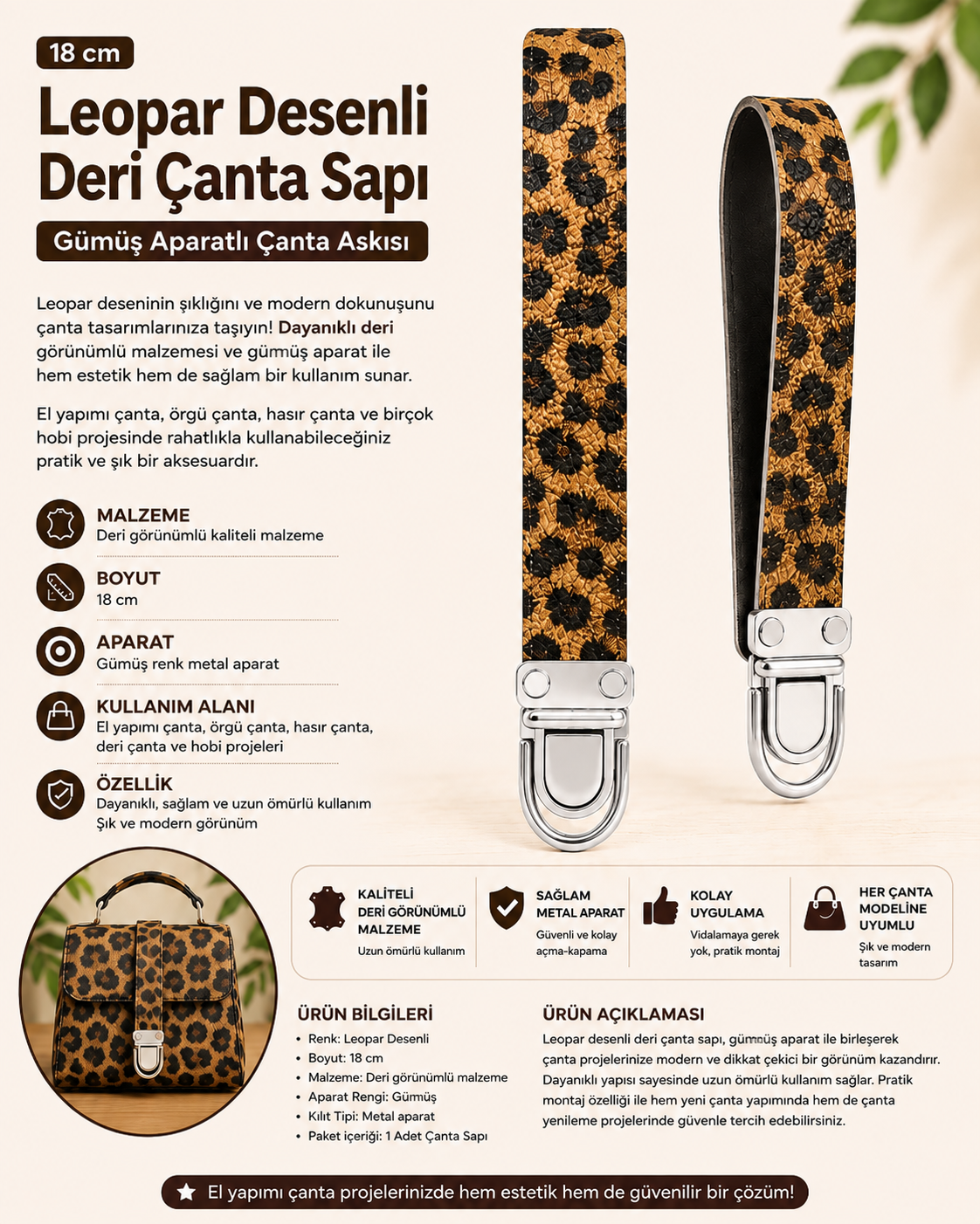18 cm Leopar Desenli Deri Çanta Sapı – Gümüş Metal Aparatlı