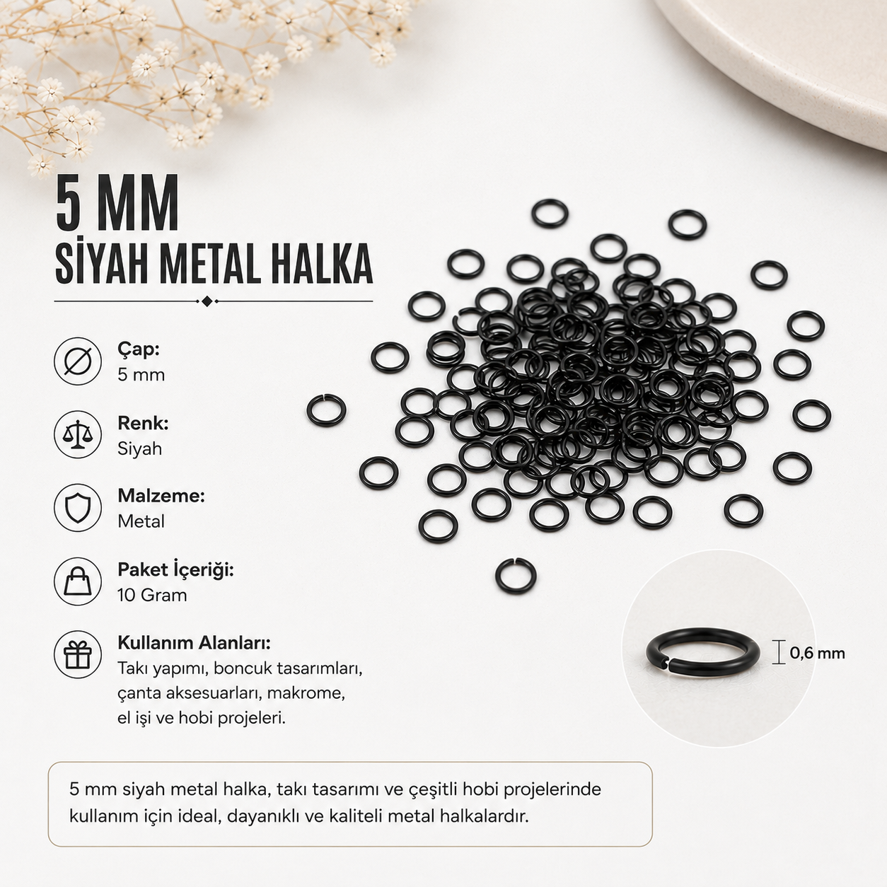 5 mm Siyah Metal Halka – 10 Gr