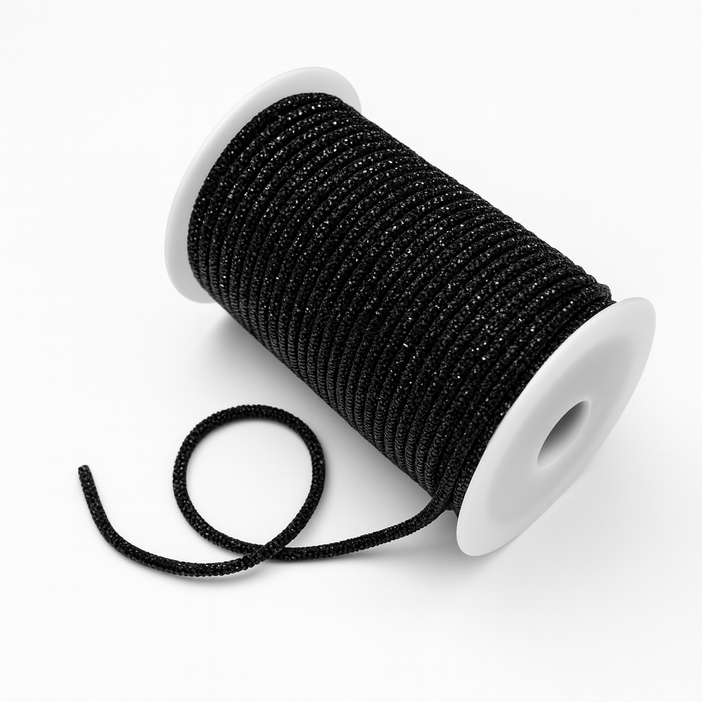 6 mm Siyah Taşlı Kordon Yuvarlak Şerit Taş Süsleme Aplik