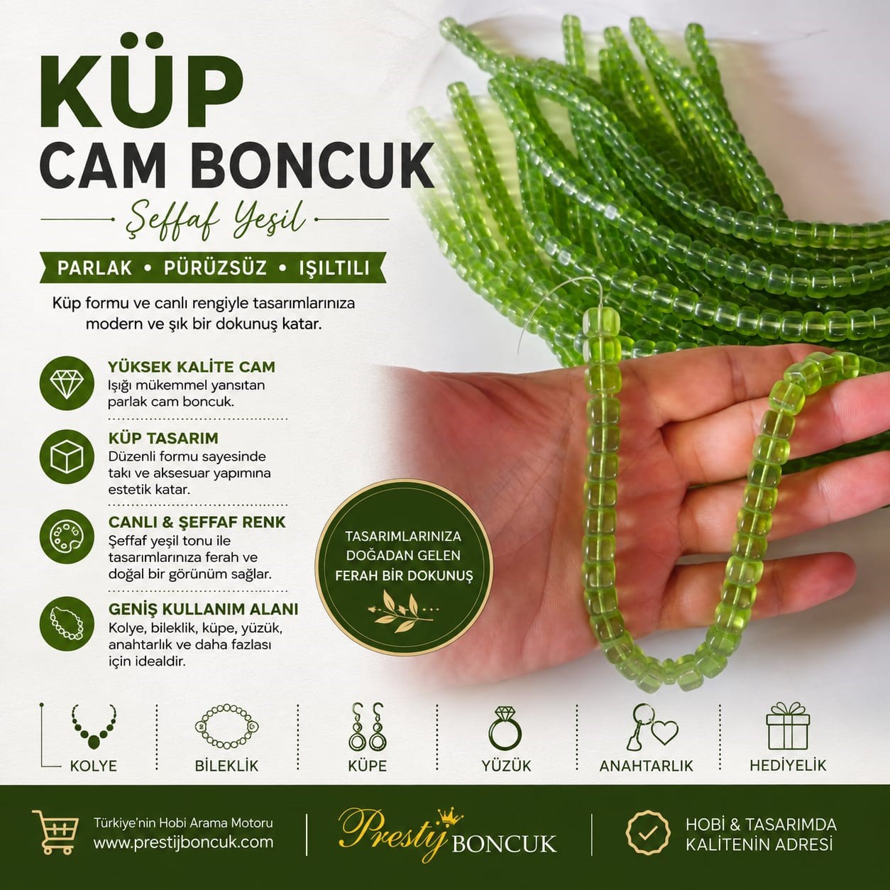 8 mm Şeffaf Yeşil Küp Cam Boncuk – 1 Dizi (Yaklaşık 50-51 Adet)