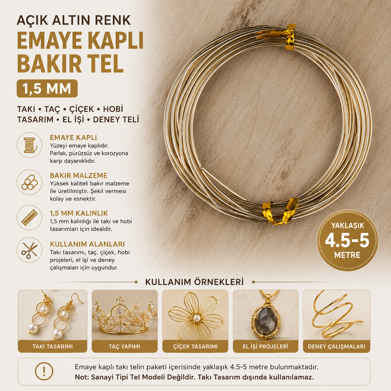 Açık Altın Renk Emaye Kaplı Bakır Tel 1,5 mm Takı Taç Çiçek Hobi Tasarım El İşi Deney Teli