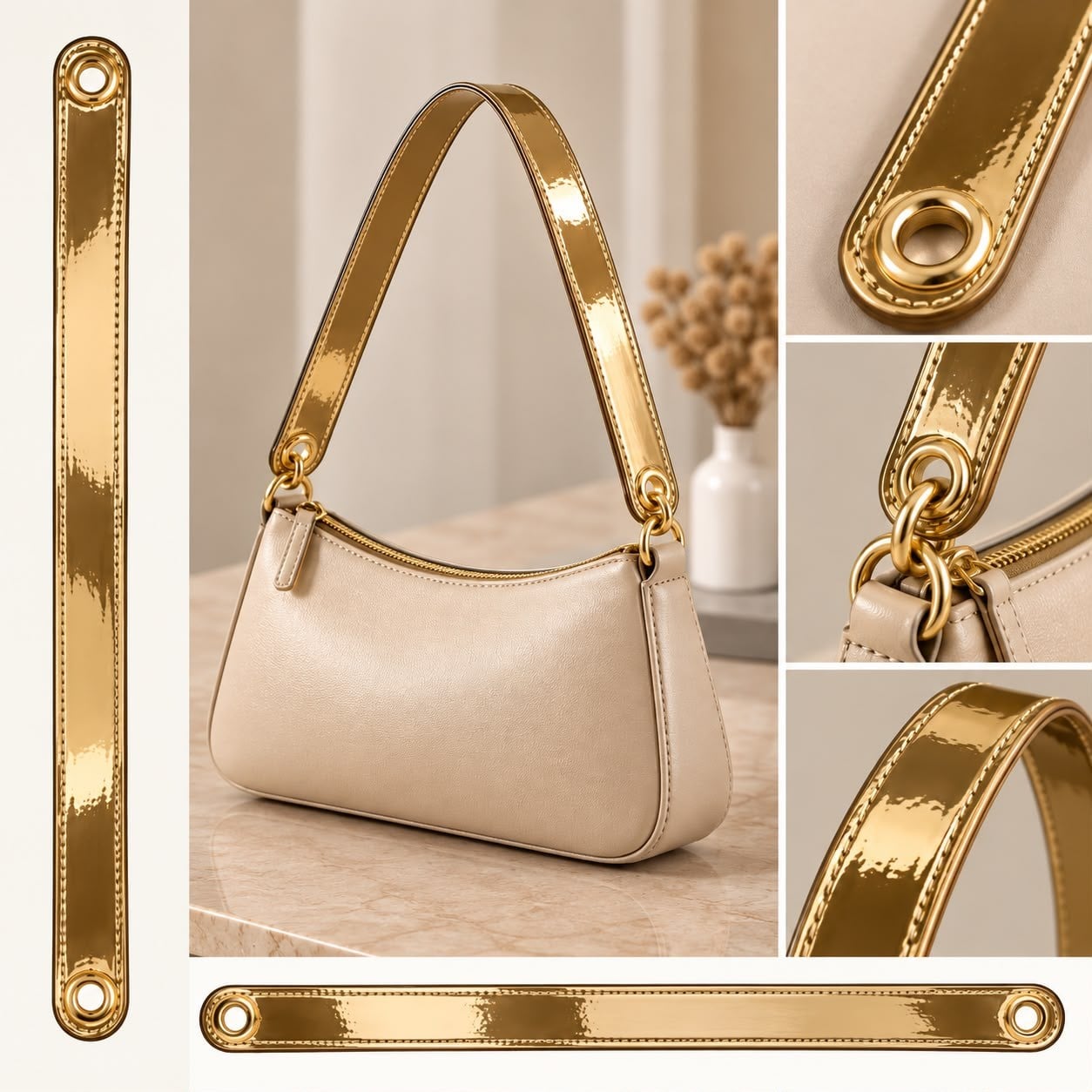 Açık Gold Parlak Metalik Rugan Deri Çanta Sapı – Gold Kuş Gözü Detaylı Çanta Askısı (2.5 cm x 58 cm)