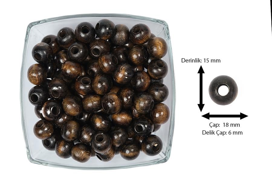 Ahşap Boncuk Koyu Kahve 18 mm 100 gr