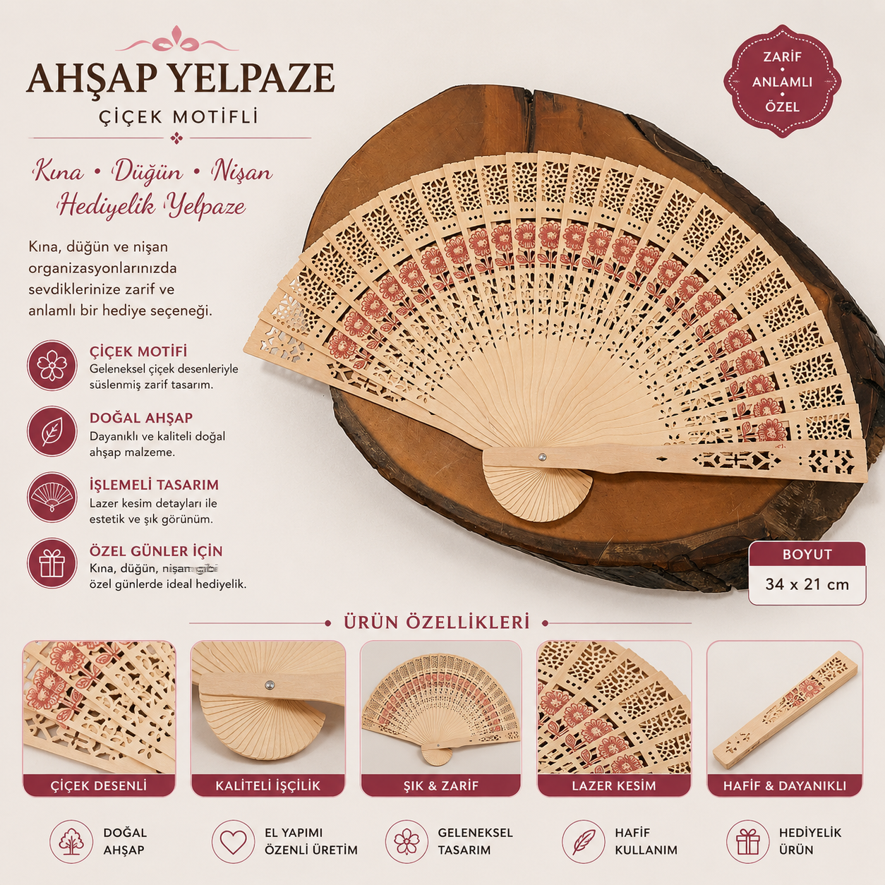 Ahşap Yelpaze Çiçek Motifli Kına Düğün Nişan Hediyelik Yelpaze