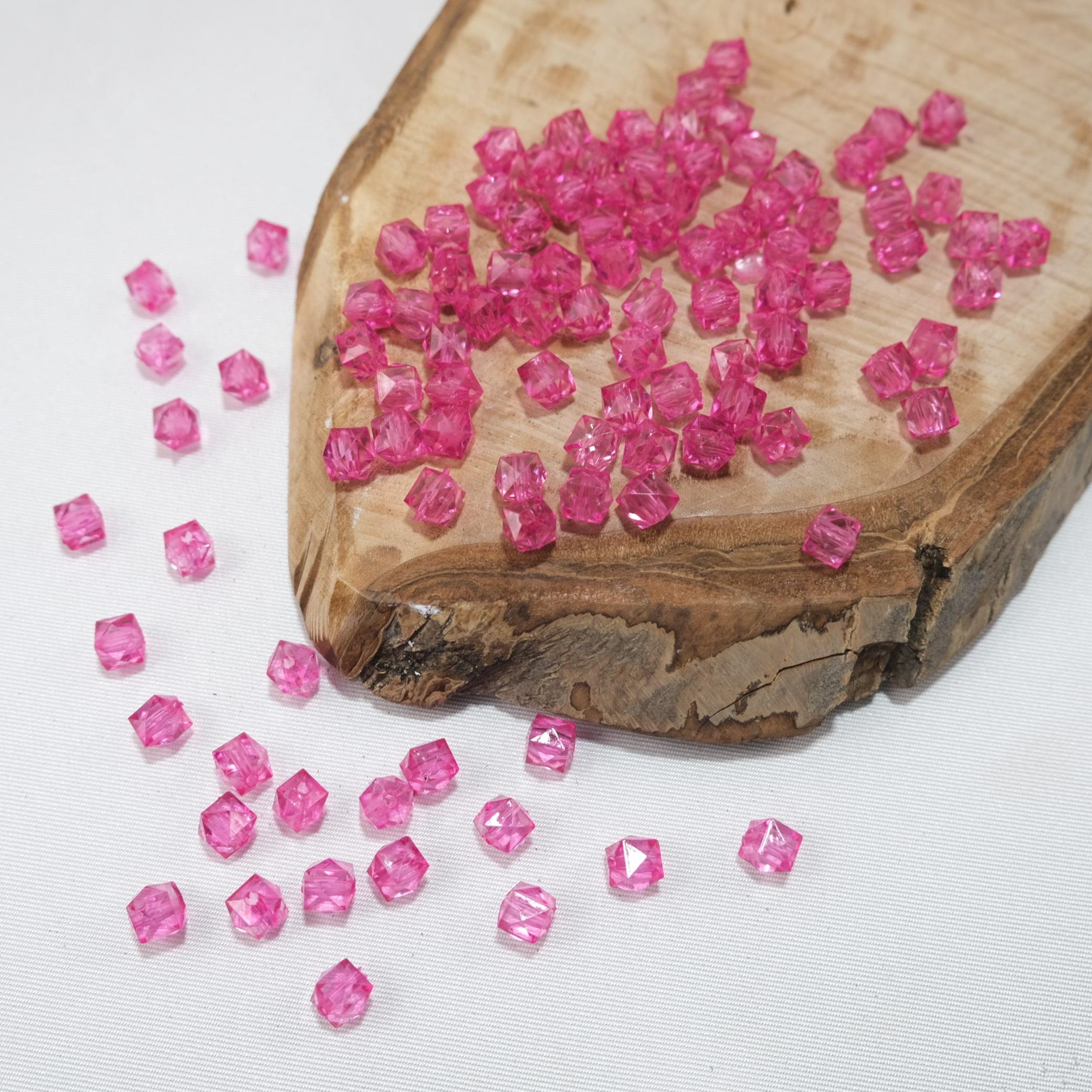 Akrilik Boncuk Küp 10 mm Fuşya Renk Kübik Model Akrilik Çanta ve Takı Boncuğu 500 Gram