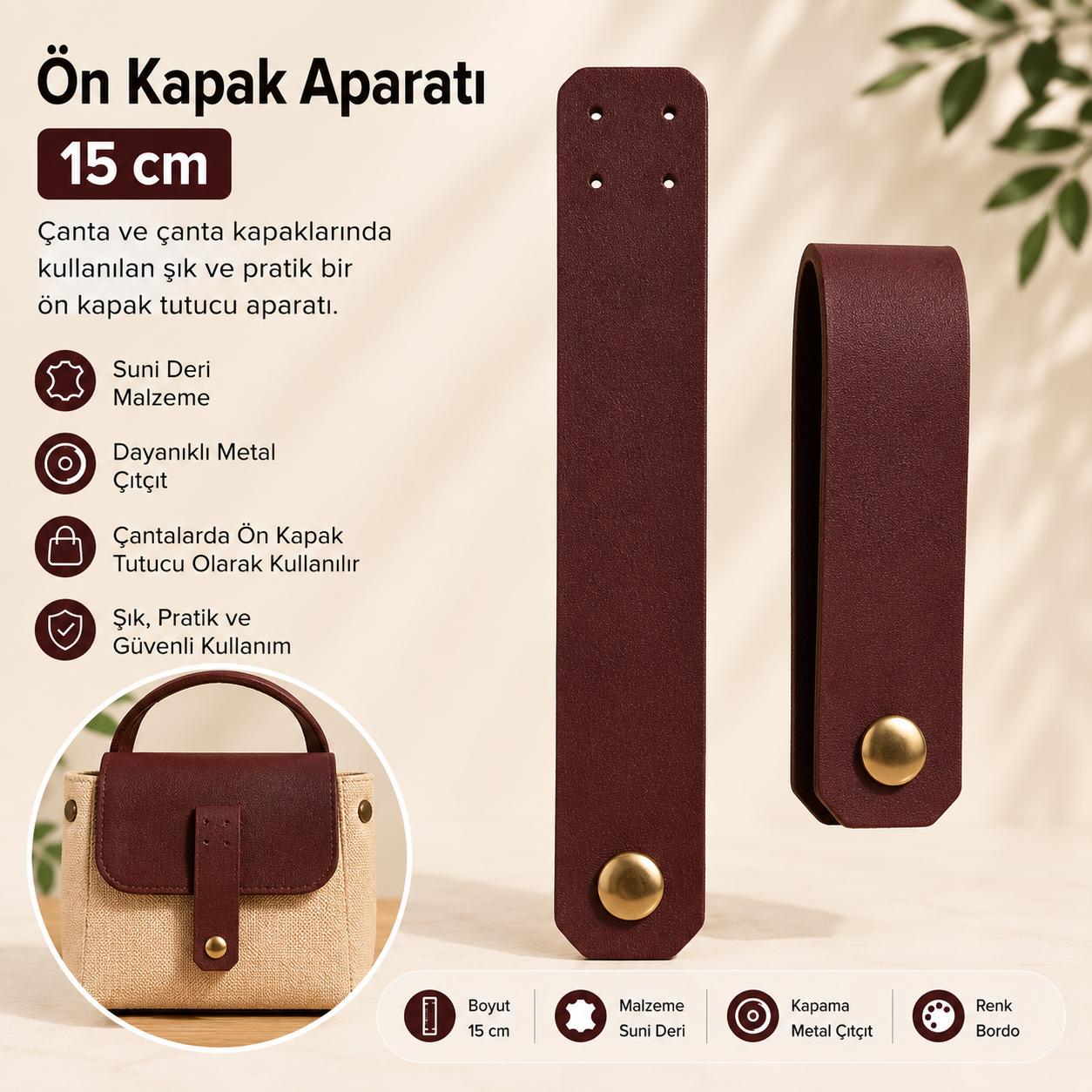 Bordo Suni Deri Ön Kapak Aparatı 15 cm – Çanta Kapak Bağlantı Aksesuarı