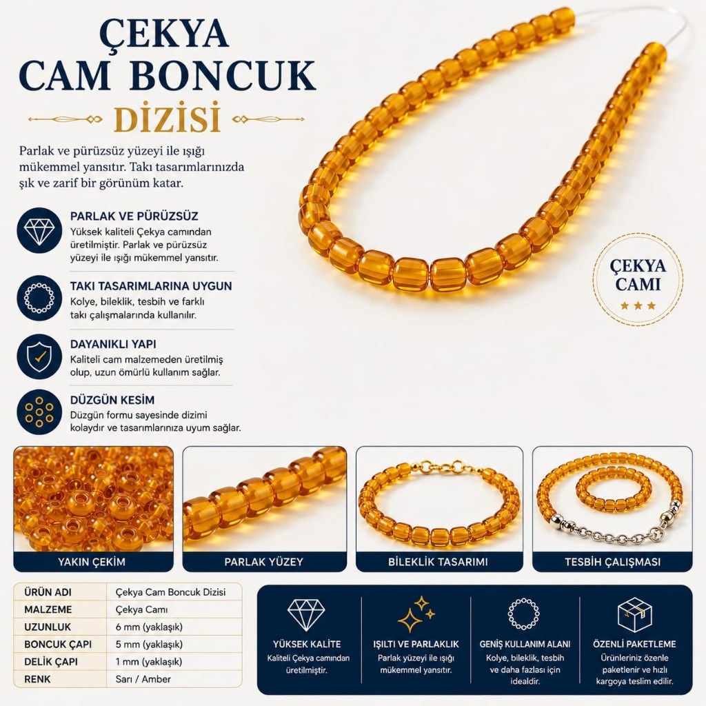 Çekya Cam Boncuk Dizisi - Sarı / Amber Renk (5x6 mm)