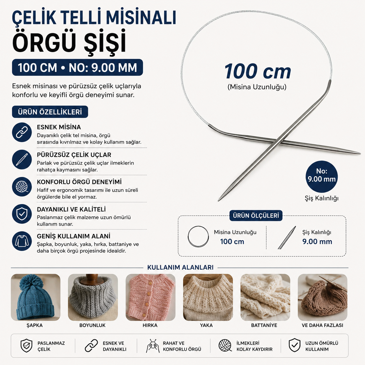 Çelik Telli Misinalı Örgü Şişi 100 cm No:9.00 mm