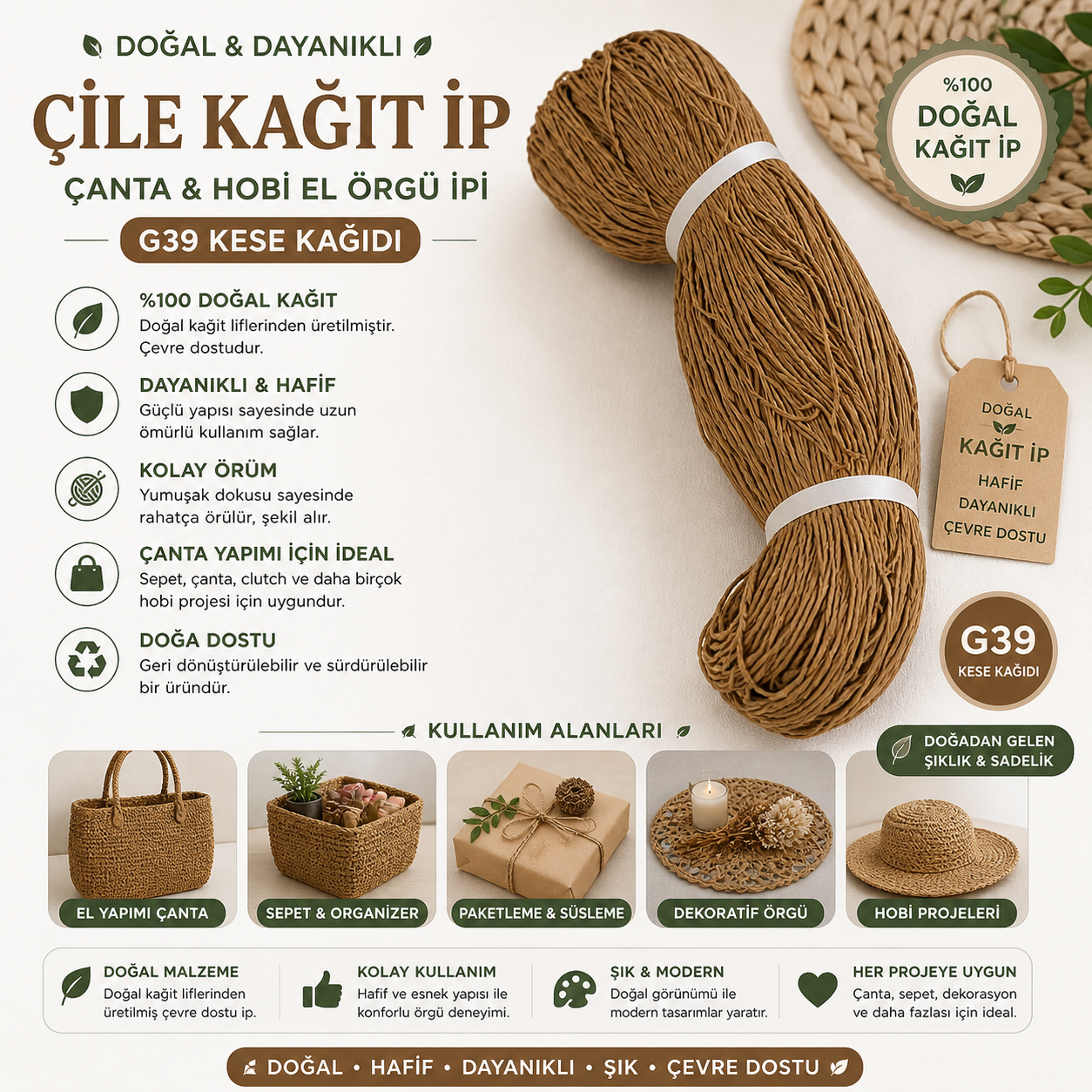Çile Kağıt İp Çanta ve Hobi El Örgü İpi G39 Kese Kağıdı