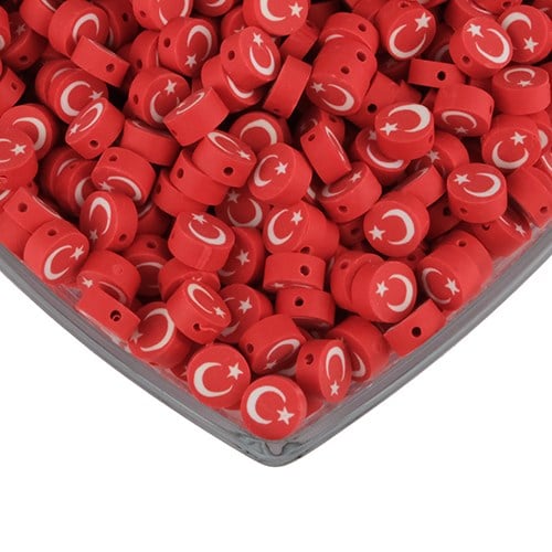 Desenli Fimo Boncuk 10 mm | 10 Adet | Ay Yıldız | Türk Bayrağı 