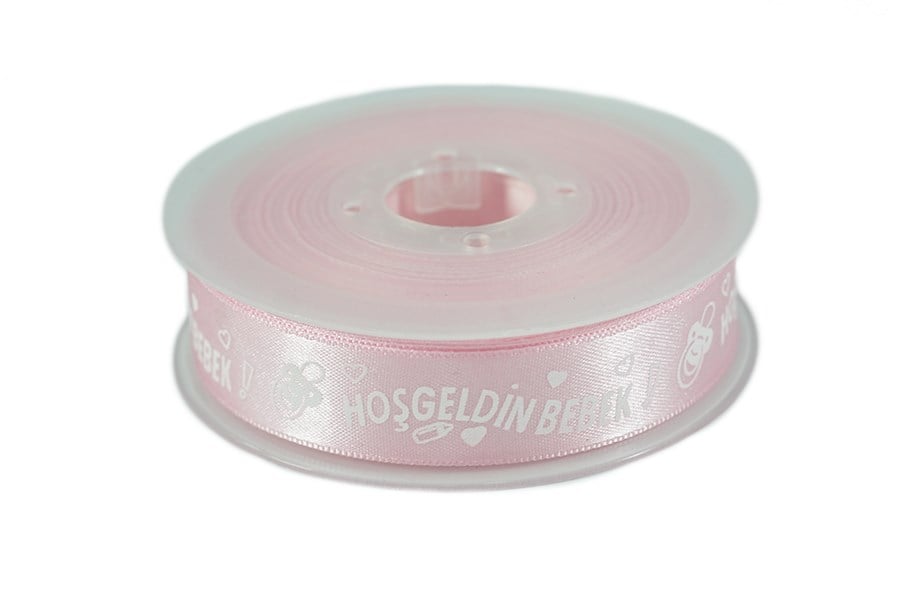 Desenli Pembe Saten Kurdele 2 cm