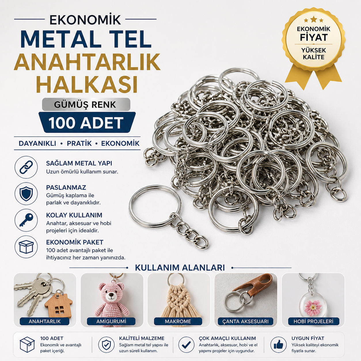 Ekonomik Metal Tel Anahtarlık Halkası Gümüş Renk 100 adet Amigurumi ve Makrome Anahtarlık Halkası