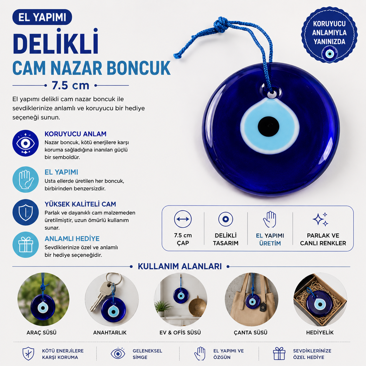 El Yapımı Delikli Cam Nazar Boncuk 7.5 cm