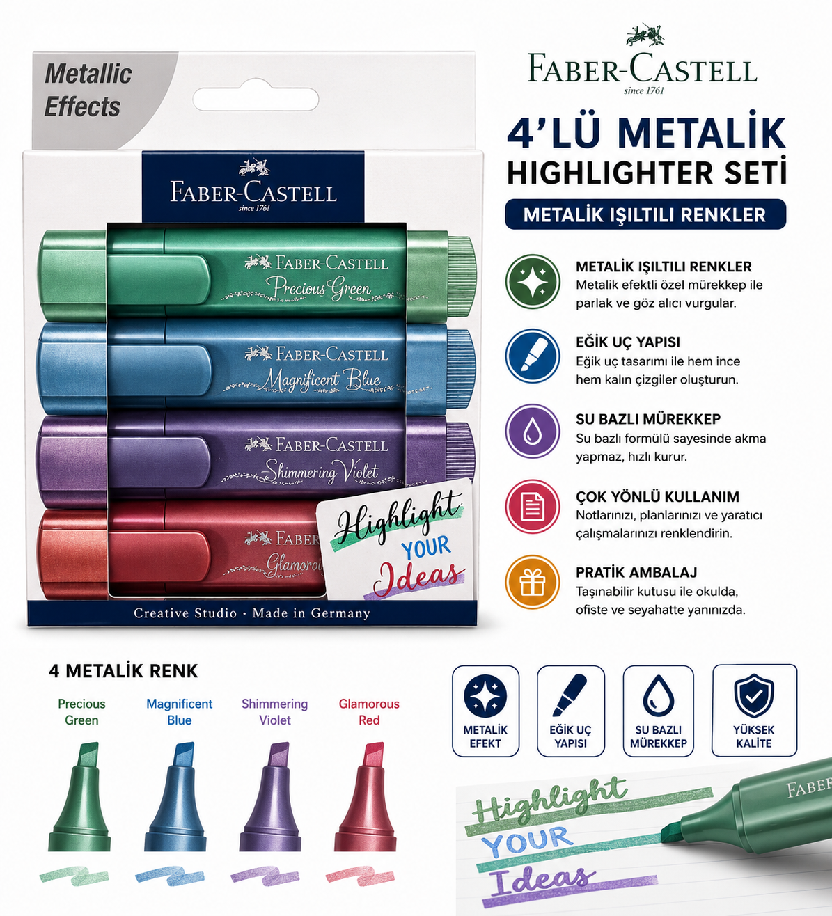 Faber Castell Fosforlu Kalem 46 Metalik Renkler 4lü