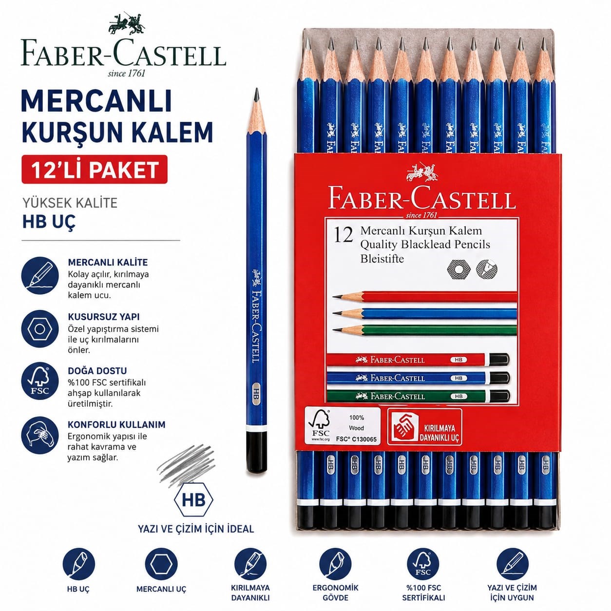 Faber Castell Köşeli Mercanlı Mavi Kurşun Kalem 12'li HB Uç  Kırılmaya Dayanıklı İz Bırakmadan Silinir