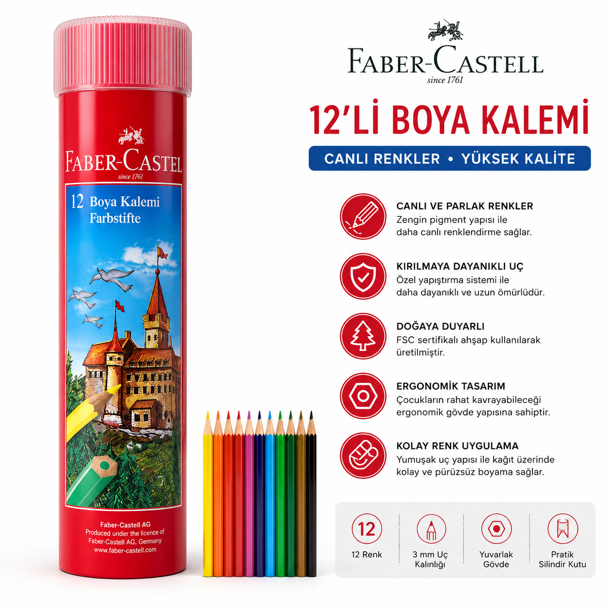 Faber-Castell  Metal Tüp 12 Renk Kuru Boya Kalemi