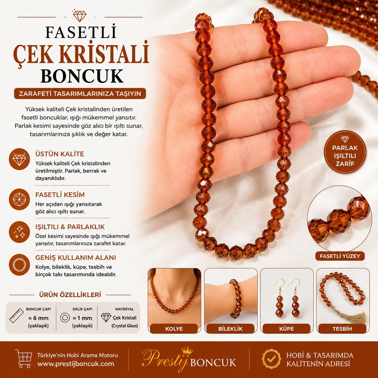 Fasetli Kahverengi Çek Kristali Boncuk (6 mm)