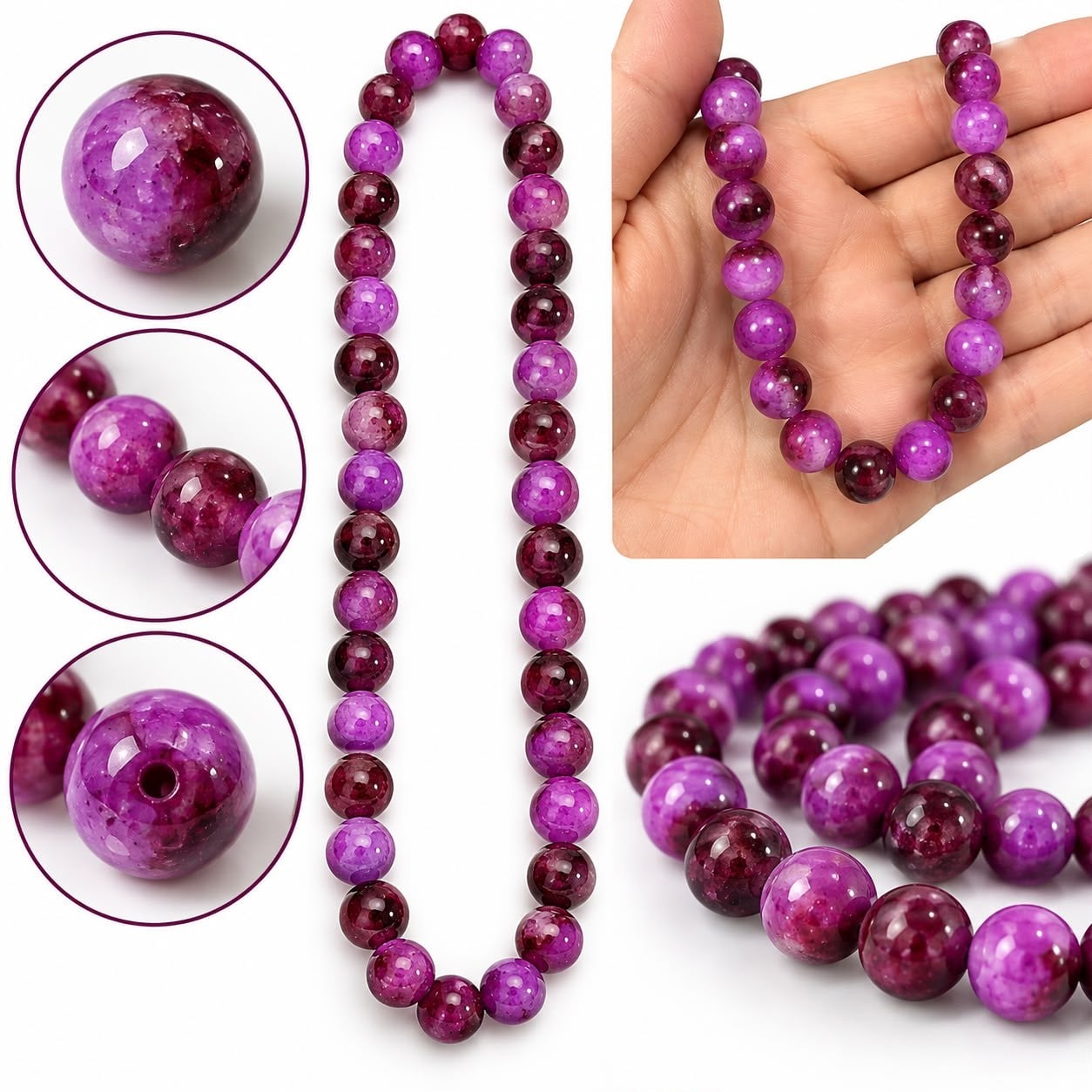 Fuşya Canlı Pembe Çatlatma Desenli Cam Boncuk Dizisi 8 mm -(90-100 Adet)
