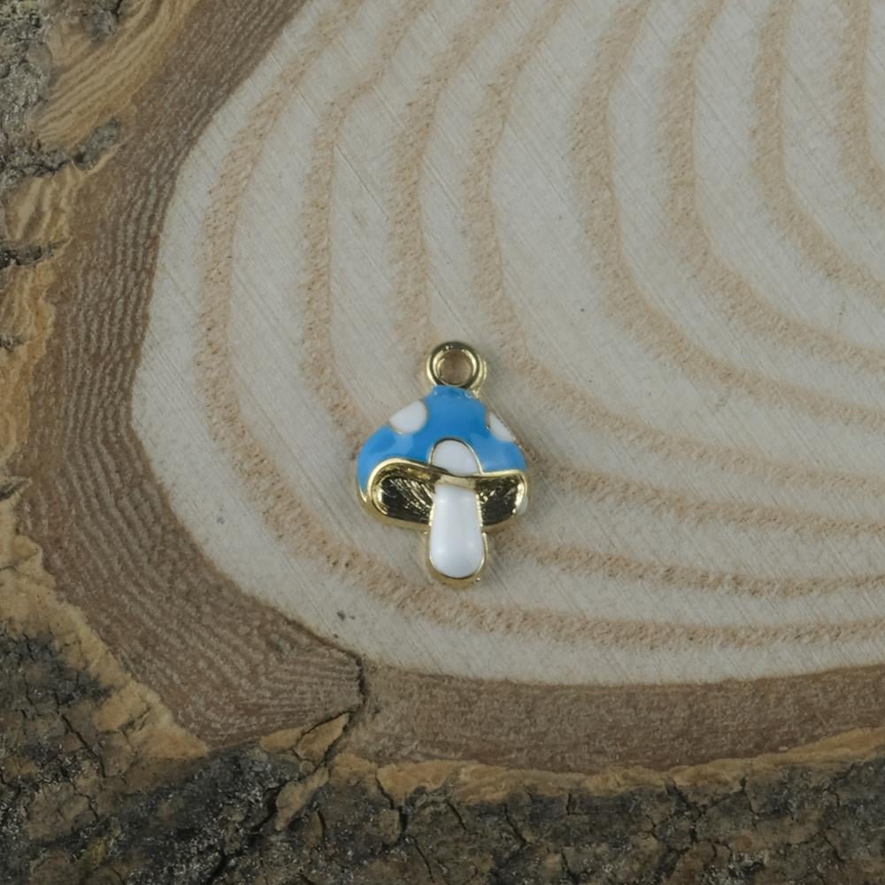 Gold Metal Mantar Figür Mavi Beyaz Renkli Bileklik Kolye Ucu