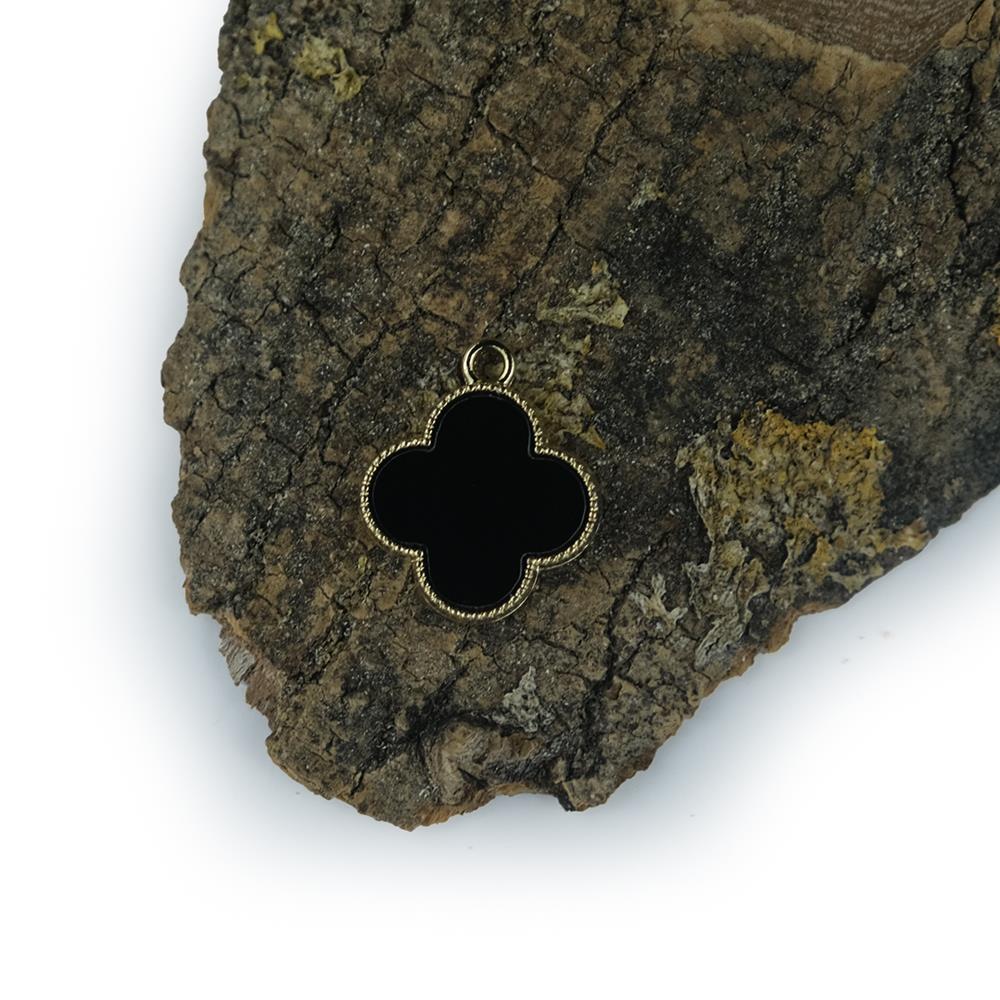 Gold Metal Yonca Figür Siyah Sedef Kolye Bileklik Ucu