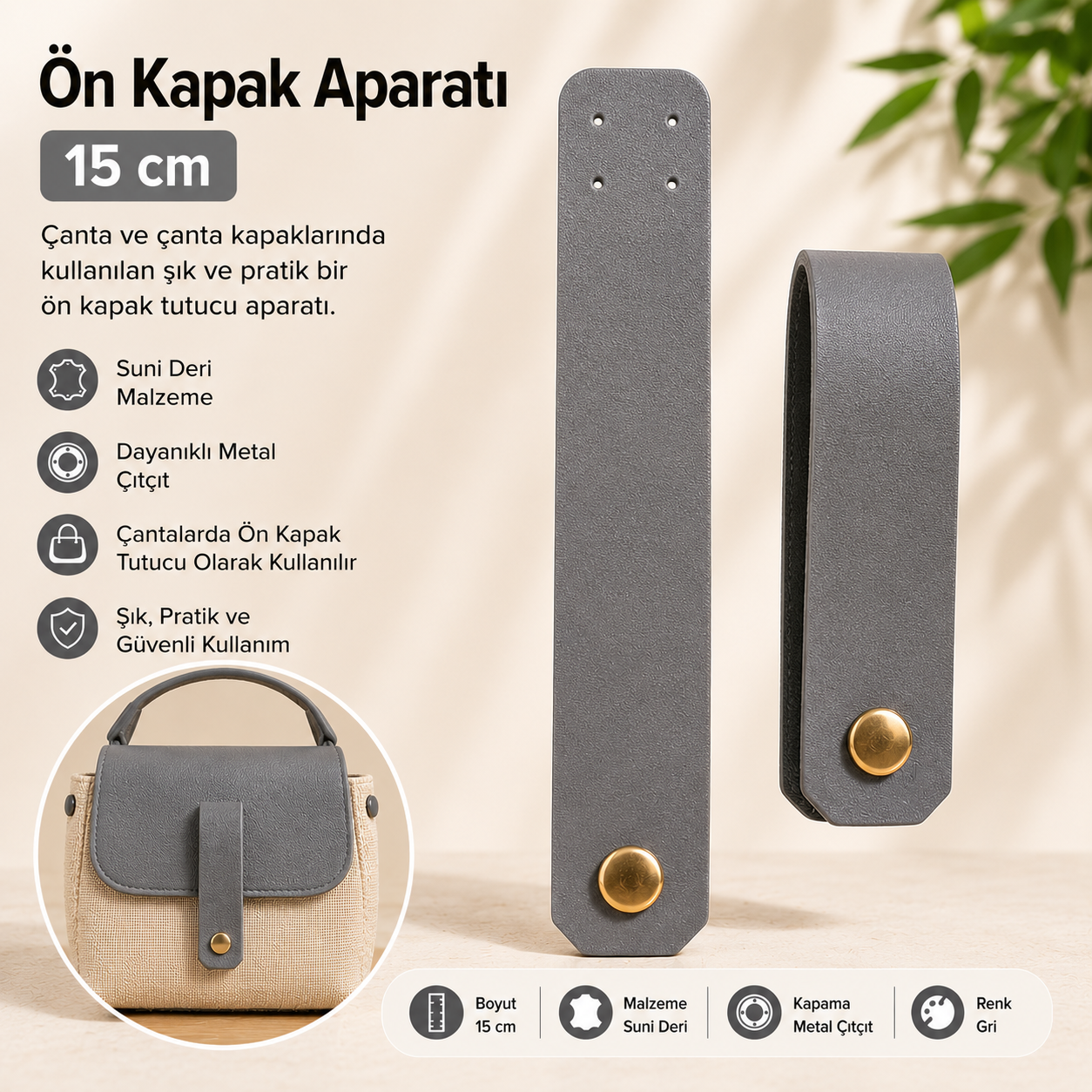Gri Suni Deri Ön Kapak Aparatı 15 cm – Çanta Kapak Bağlantı Aksesuarı