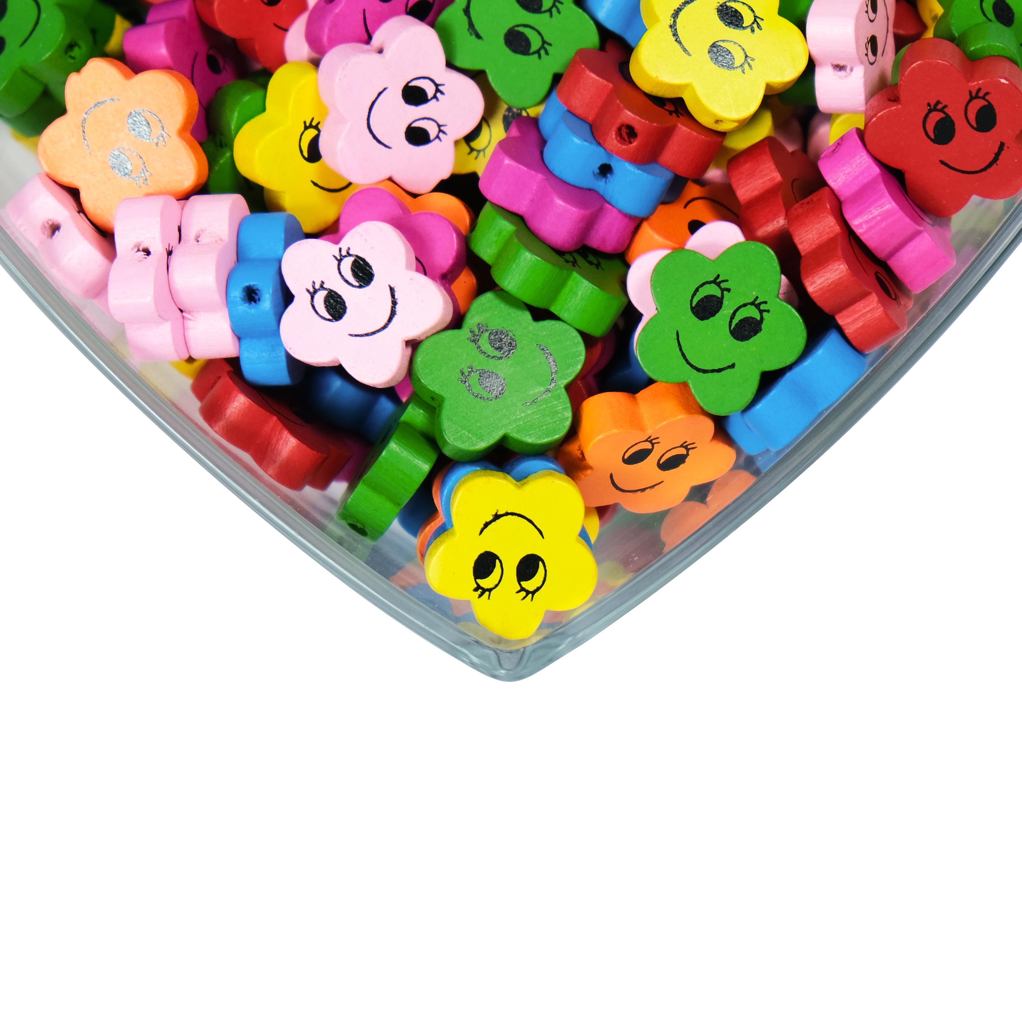 Gülen Yüz Emojili Ahşap Çiçek Boncuk Karışık Renkli