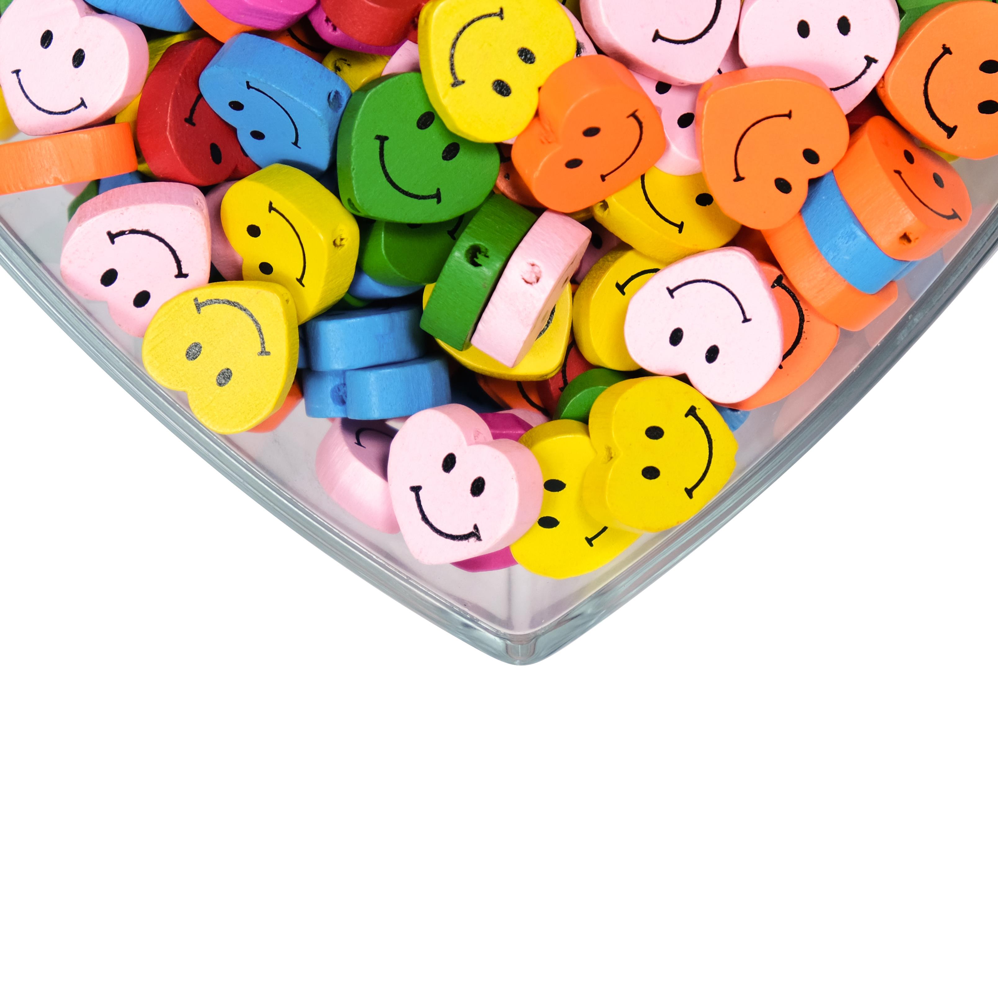 Gülen Yüz Emojili Ahşap Kalp Boncuk Karışık Renkli
