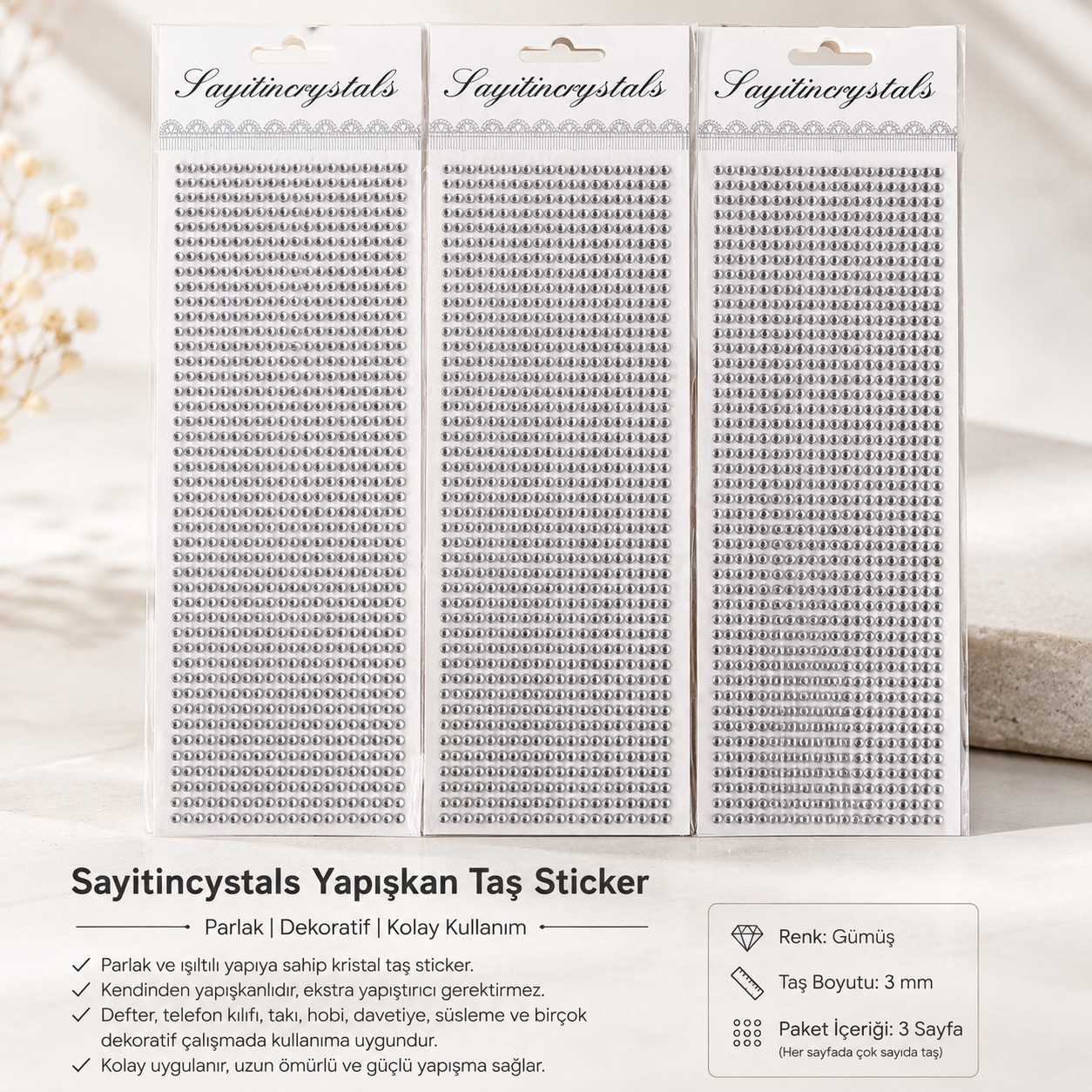 Gümüş Kendinden Yapışkanlı Kristal Taş Sticker – Dekoratif Süsleme Taşı (3 Sayfa)