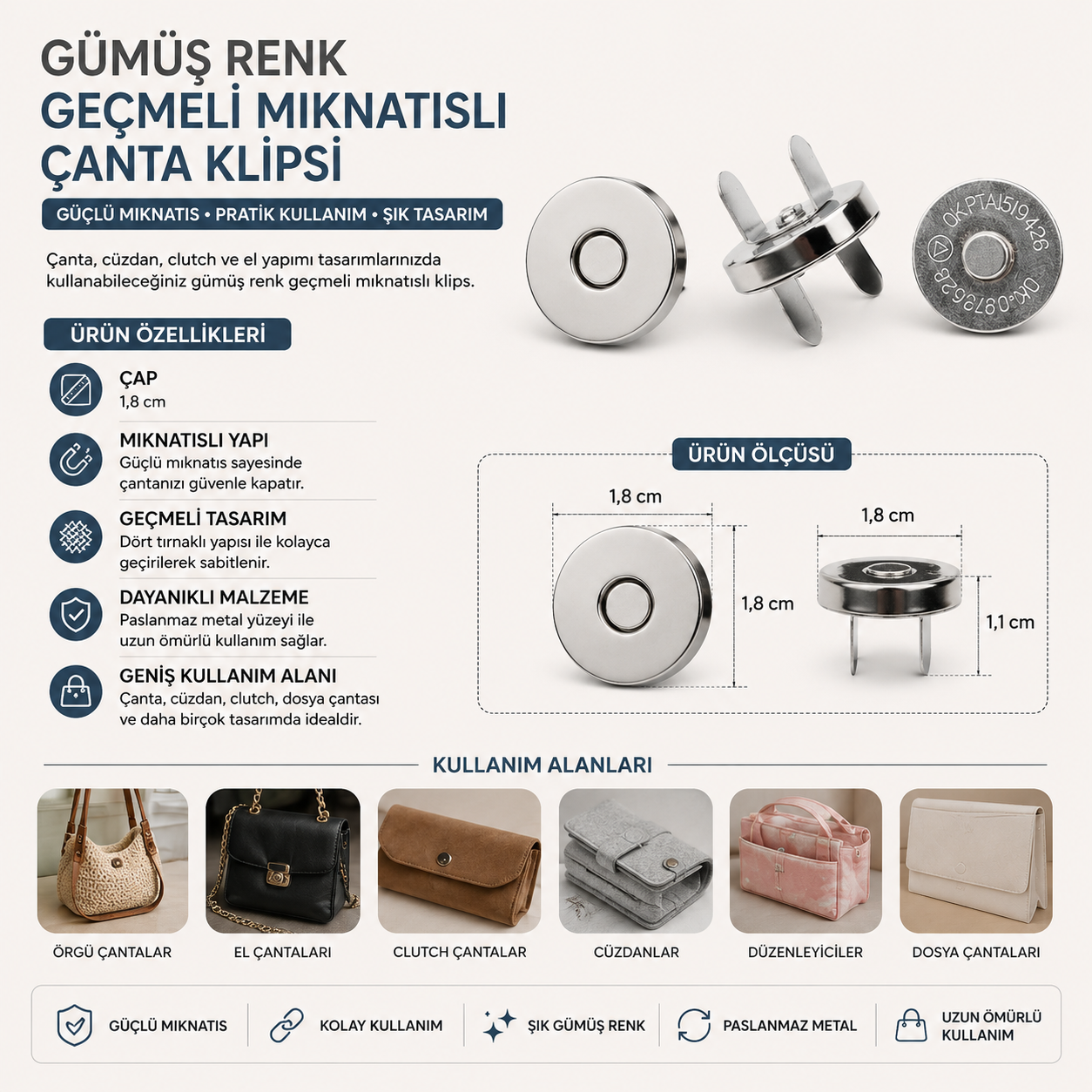 Gümüş Renk Geçmeli Mıknatıslı Çanta Klipsi 