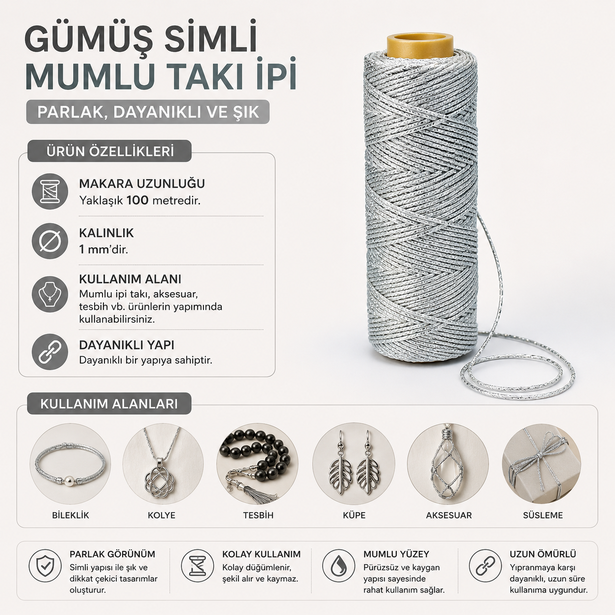 Gümüş Simli Mumlu Takı İpi
