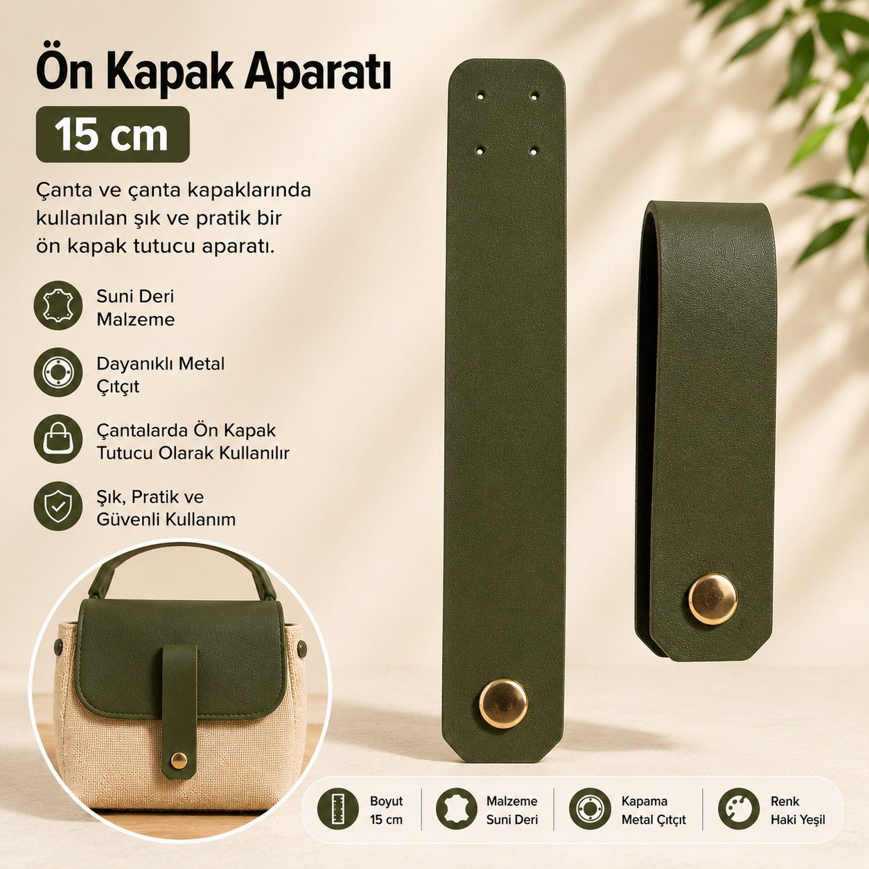 Haki Suni Deri Ön Kapak Aparatı 15 cm – Çanta Kapak Bağlantı Aksesuarı