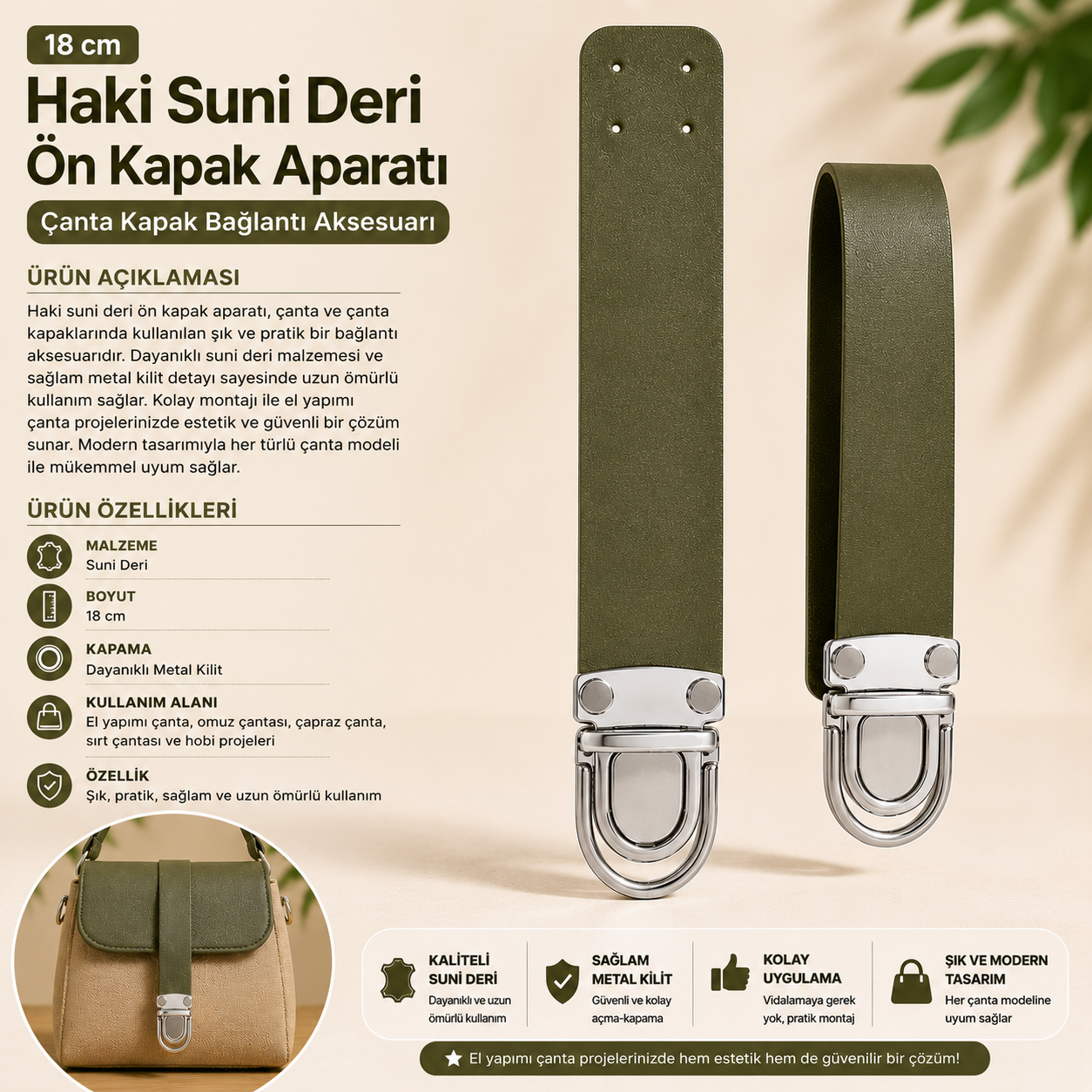 Haki Suni Deri Ön Kapak Aparatı Gümüş Metal Kilitli 18 cm