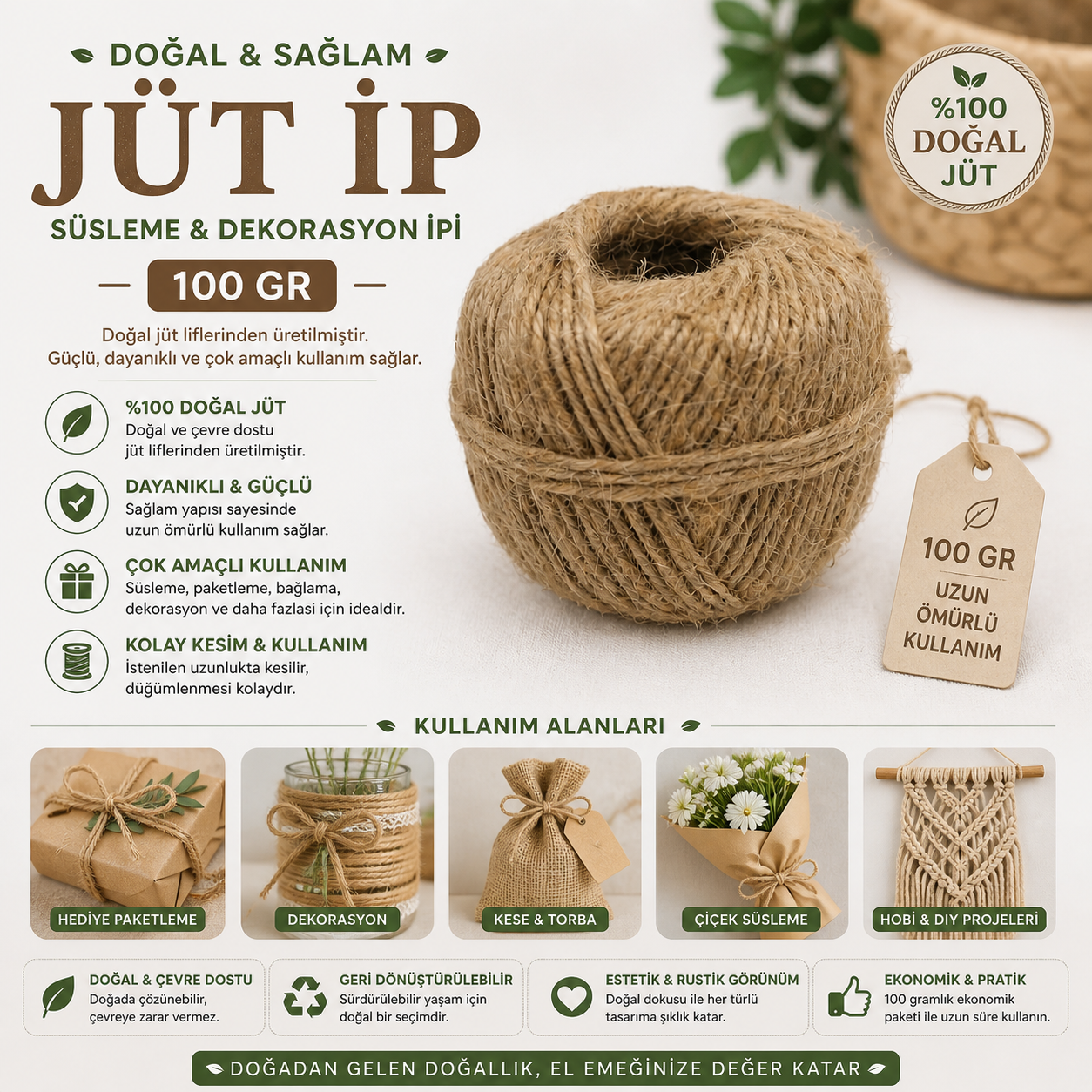 Jüt İp Süsleme İpi Dekorasyon İpi Paketleme İpi 100 Gr