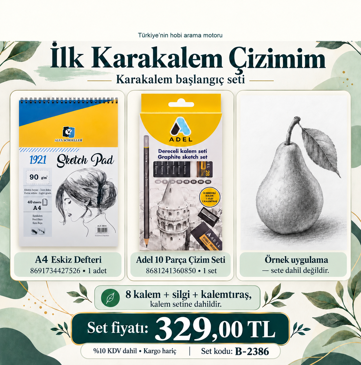 Karakalem Başlangıç Seti – İlk Karakalem Çizimim | A4 Defter ve Adel 10 Parça
