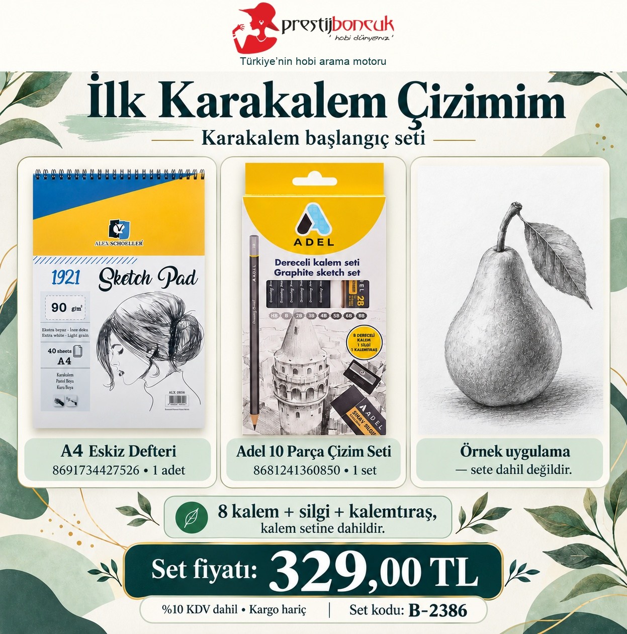 Karakalem Başlangıç Seti – İlk Karakalem Çizimim | A4 Defter ve Adel 10 Parça