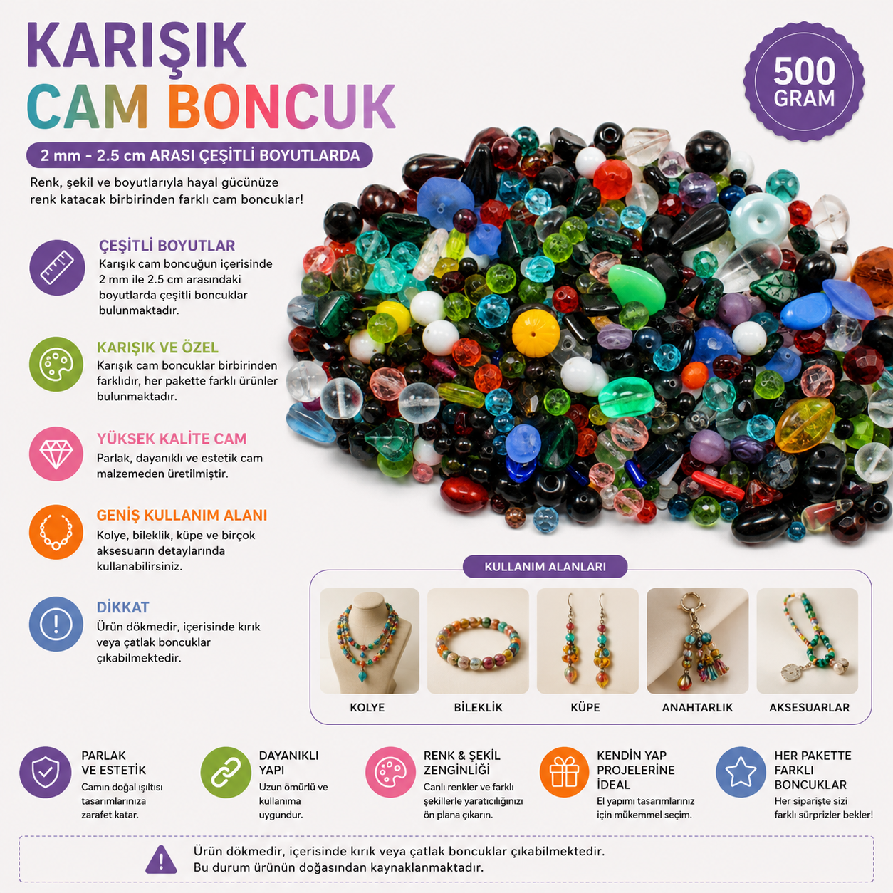 Karışık Cam Boncuk 500 gr