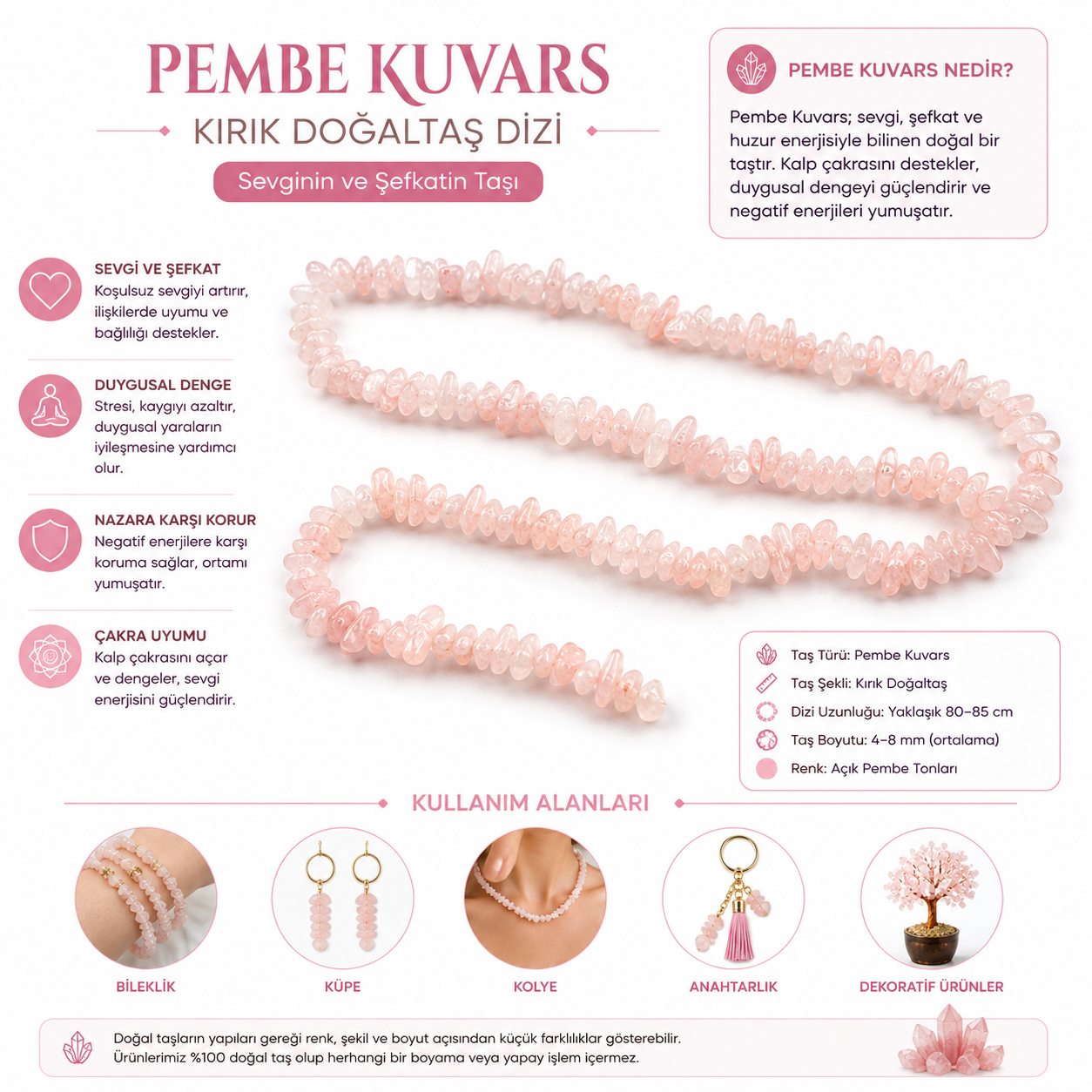 Kırık Pembe Kuvars Doğal Taş Boncuk 5-8 mm  80-90 cm Dizi