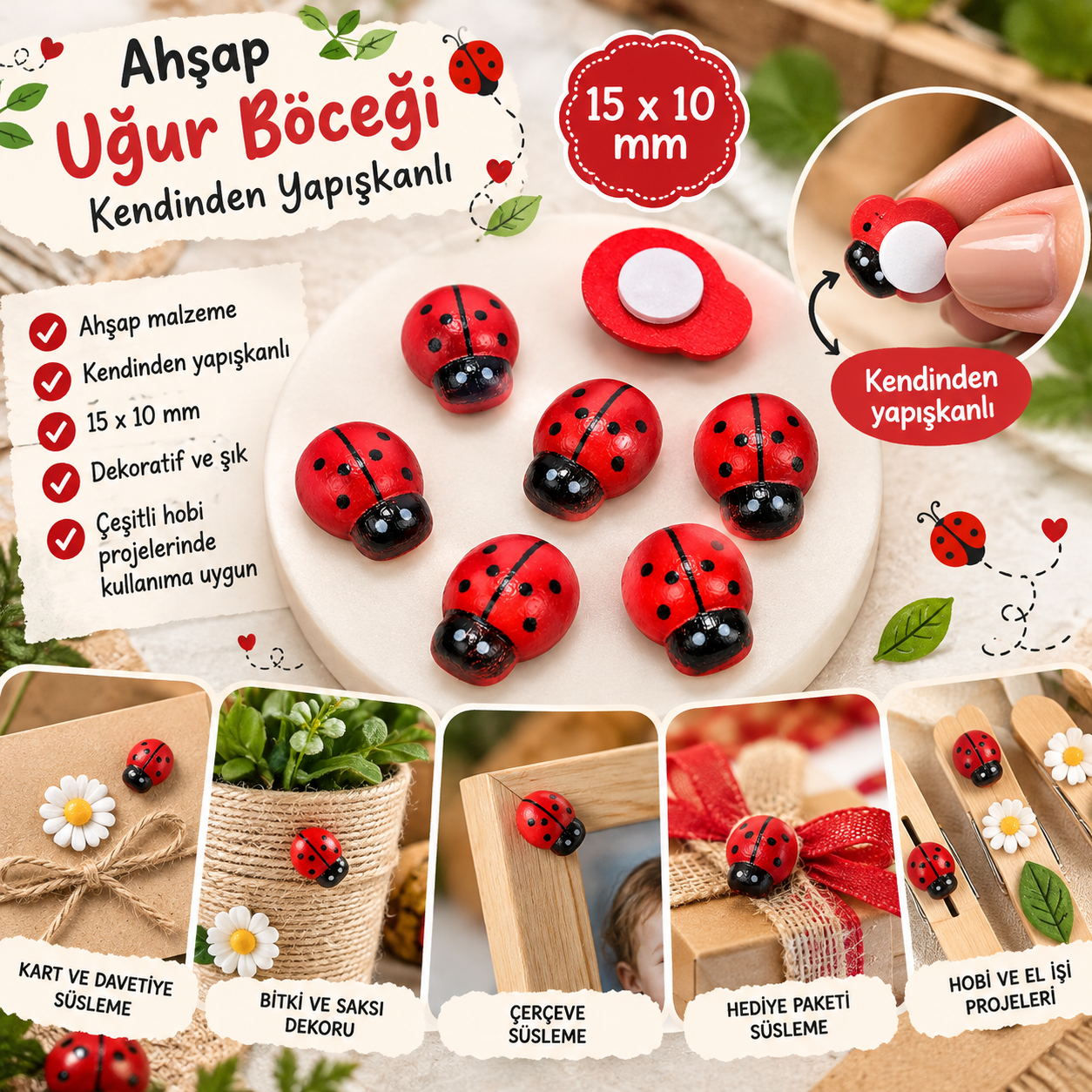 Kırmızı Küçük Yapışkanlı Ahşap Uğur Böceği Kendinden Yapışkanlı Anaokulu Etkinlik Süslemesi ve Bohça Süslemesi 50 Adet 15x10 mm