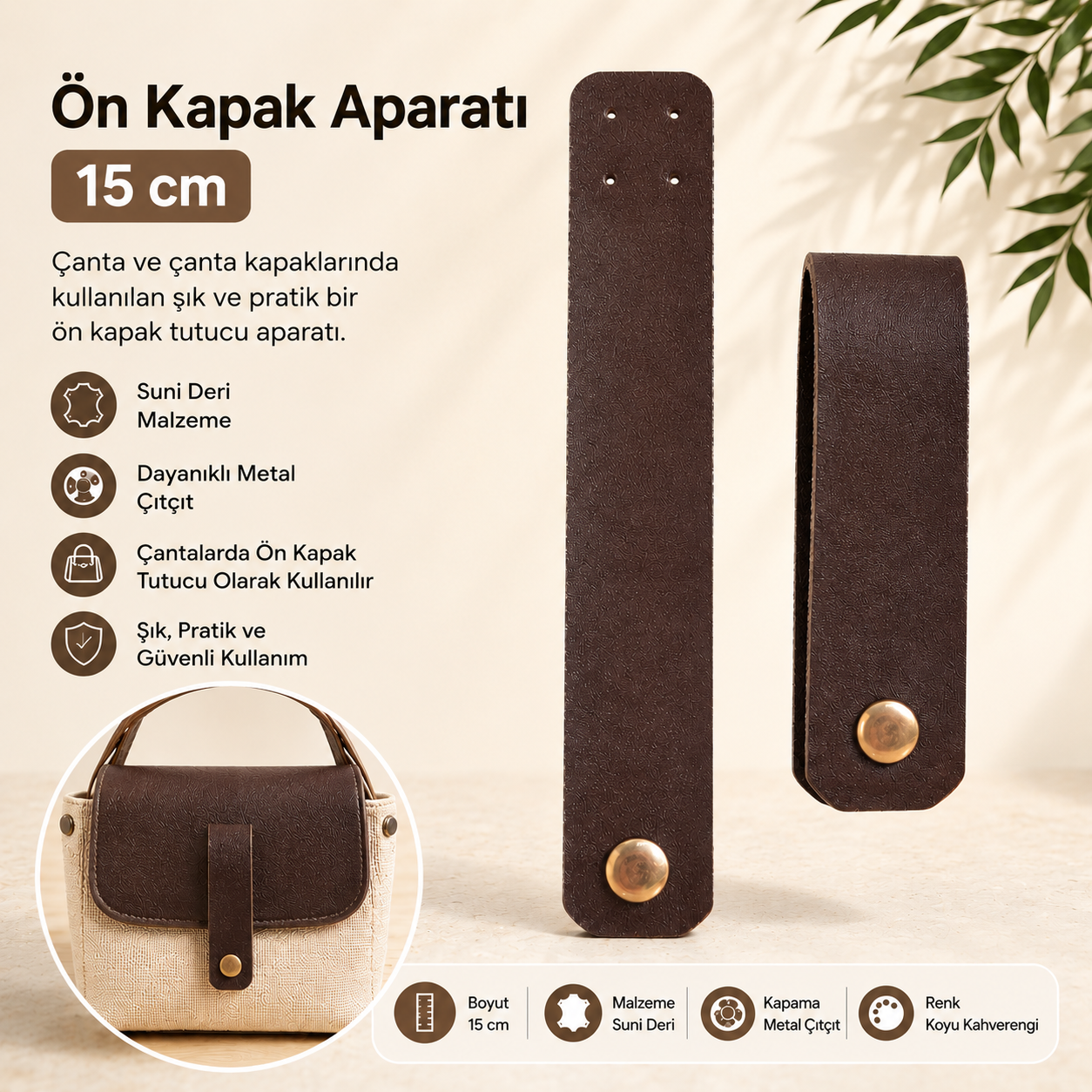 Koyu Kahverengi Suni Deri Ön Kapak Aparatı 15 cm – Çanta Kapak Bağlantı Aksesuarı