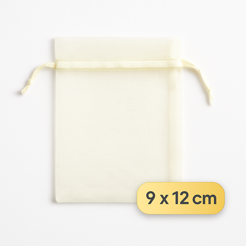 Krem Organze Şeffaf Tül Kese 100 Adet 9 x 12 cm Kına Çerez Kuruyemiş Altın Takı Söz Bohça Hediyelik Kese